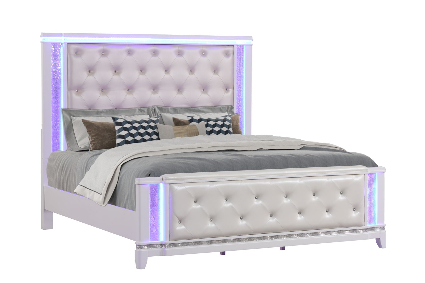 Opium Queen Size Bed with Leatherette Upholstered Footboard & Headboard, LED Lighting