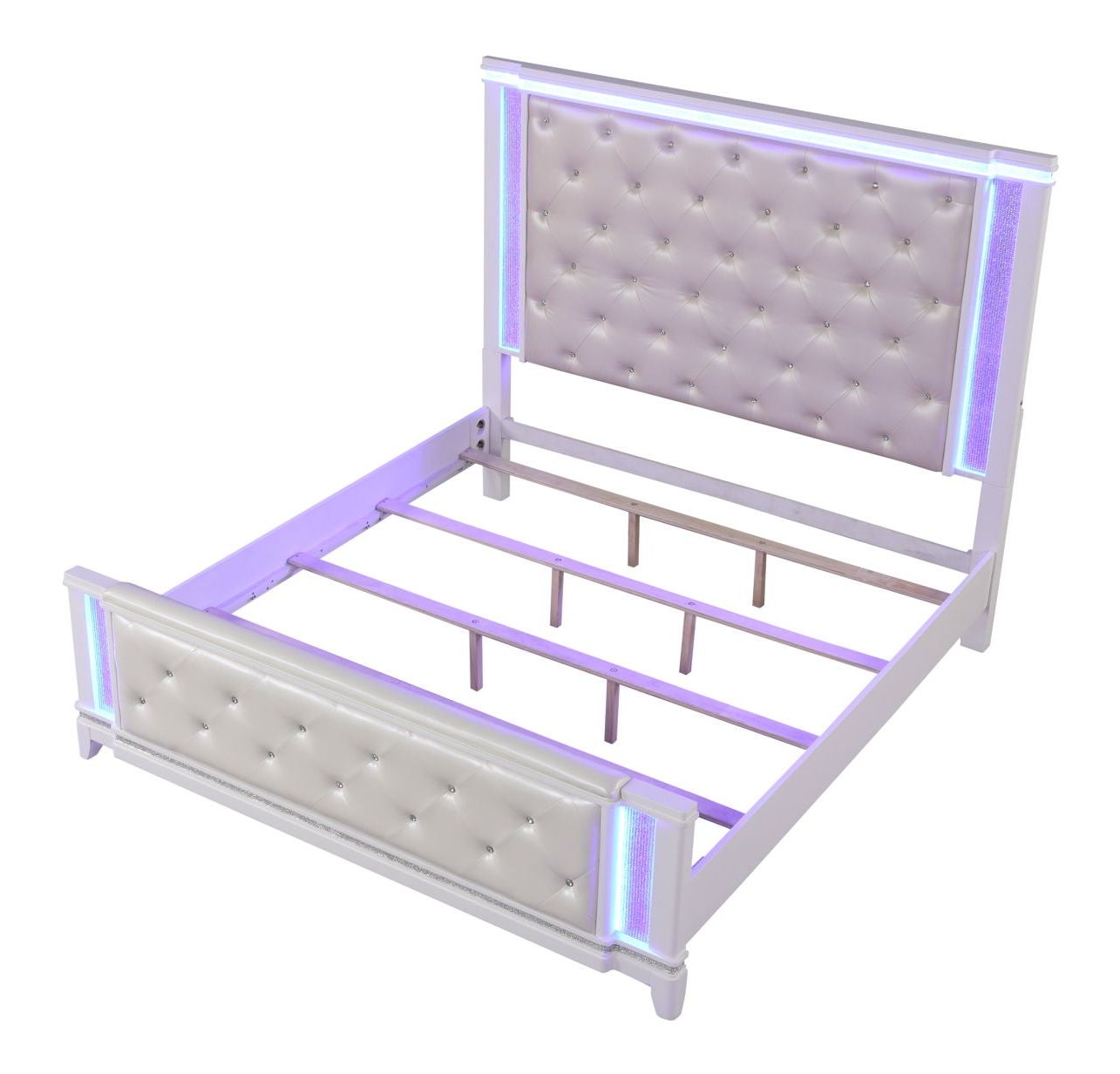 Opium Queen Size Bed with Leatherette Upholstered Footboard & Headboard, LED Lighting
