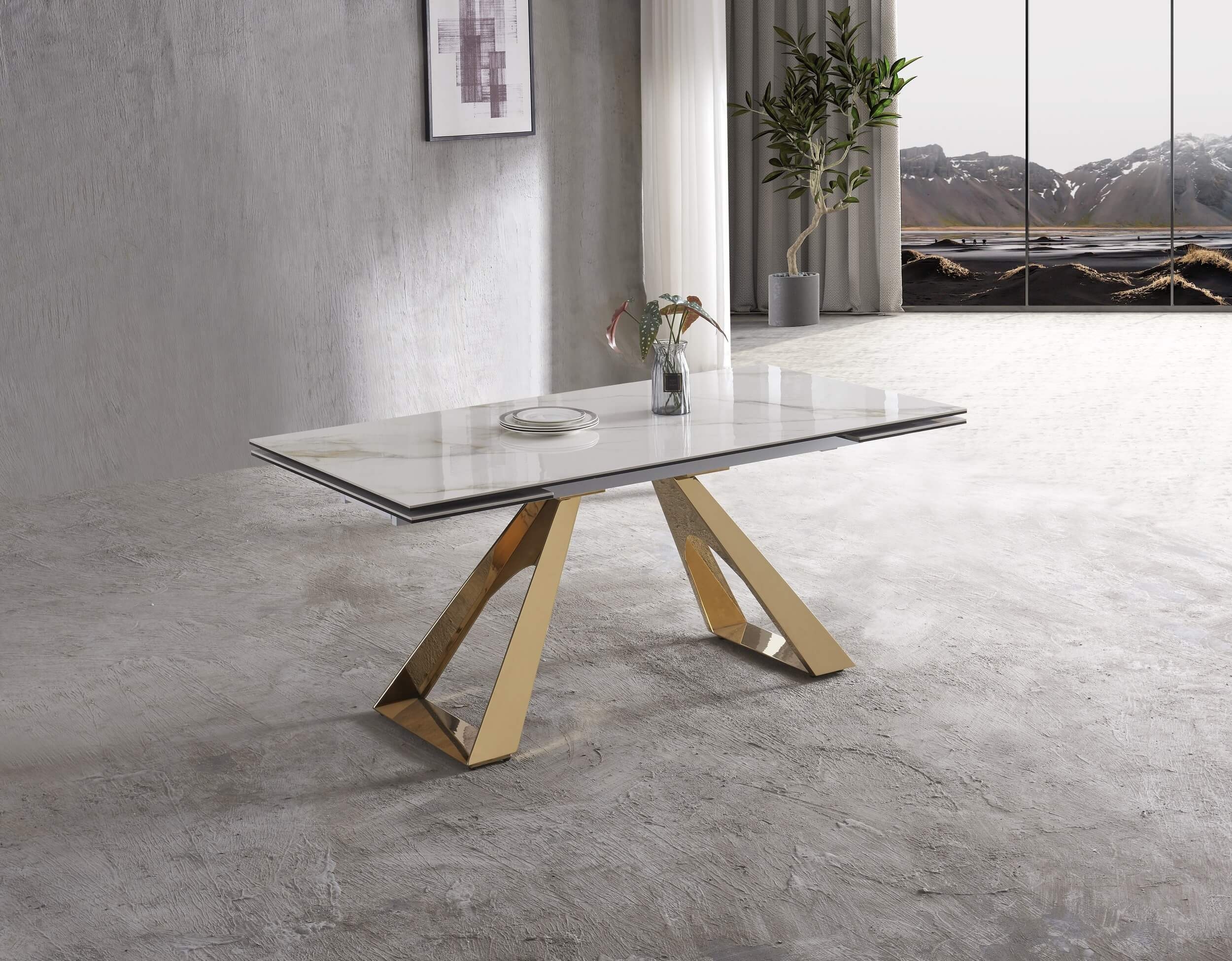 Orleans Ceramic Top Extendable Dining Table with Brass Base