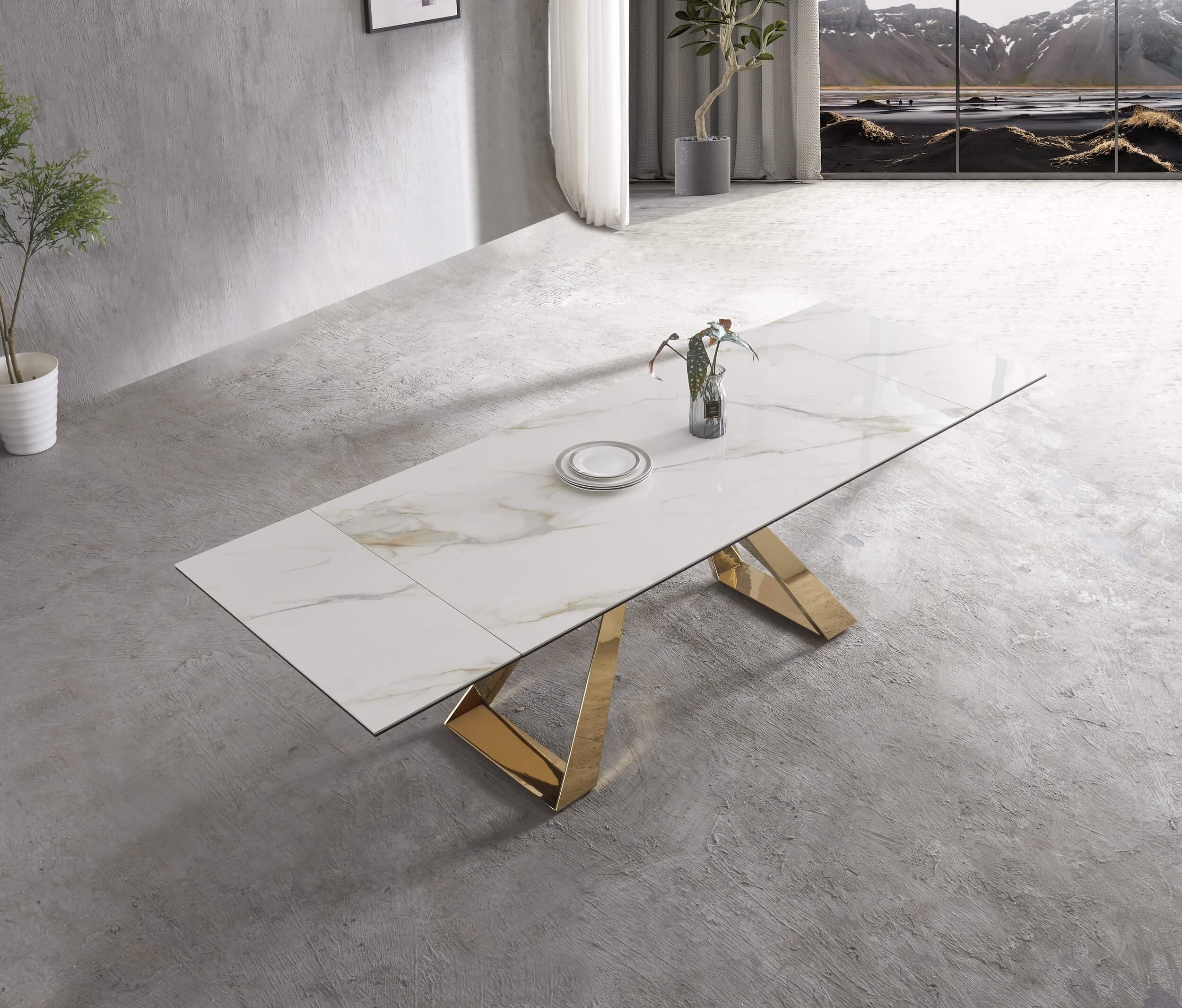 Orleans Ceramic Top Extendable Dining Table with Brass Base