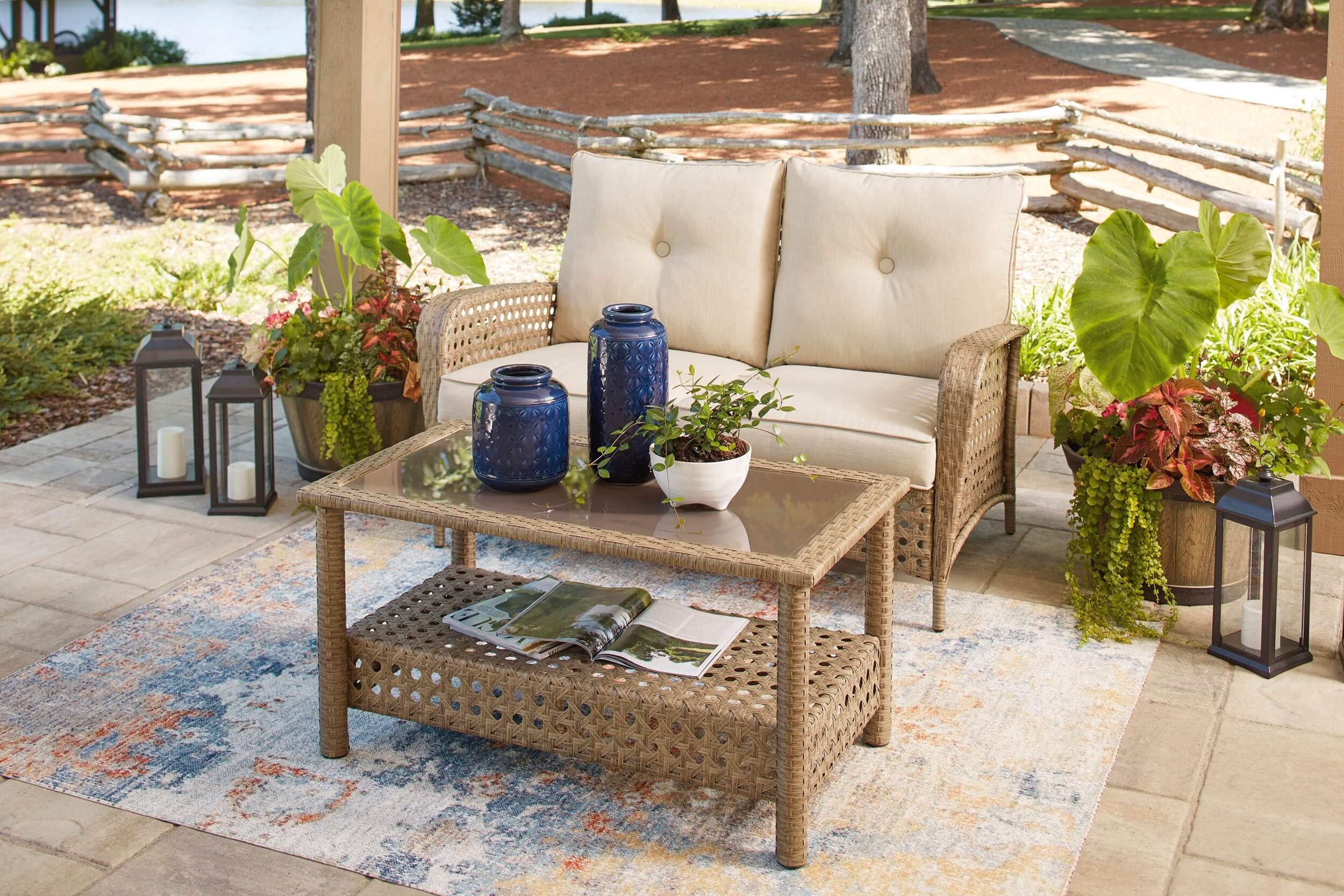 Braylee Outdoor Nuvella Fabric/Resin Wicker Loveseat w/Table