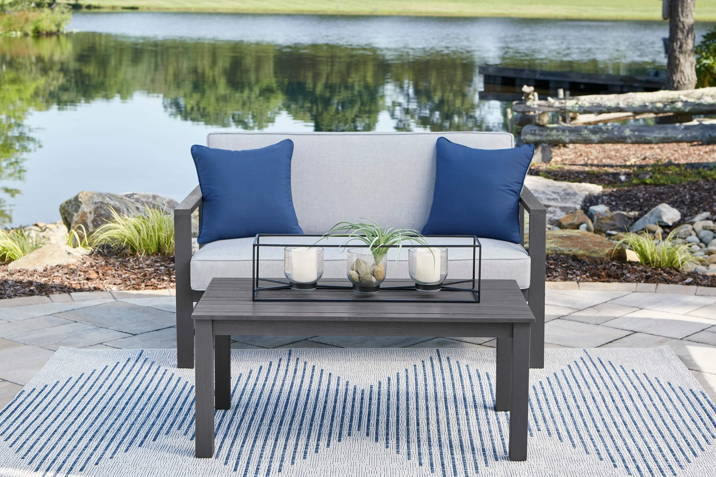 Fynnegan Outdoor Nuvella Fabric/Eucalyptus Wood Loveseat w/Table
