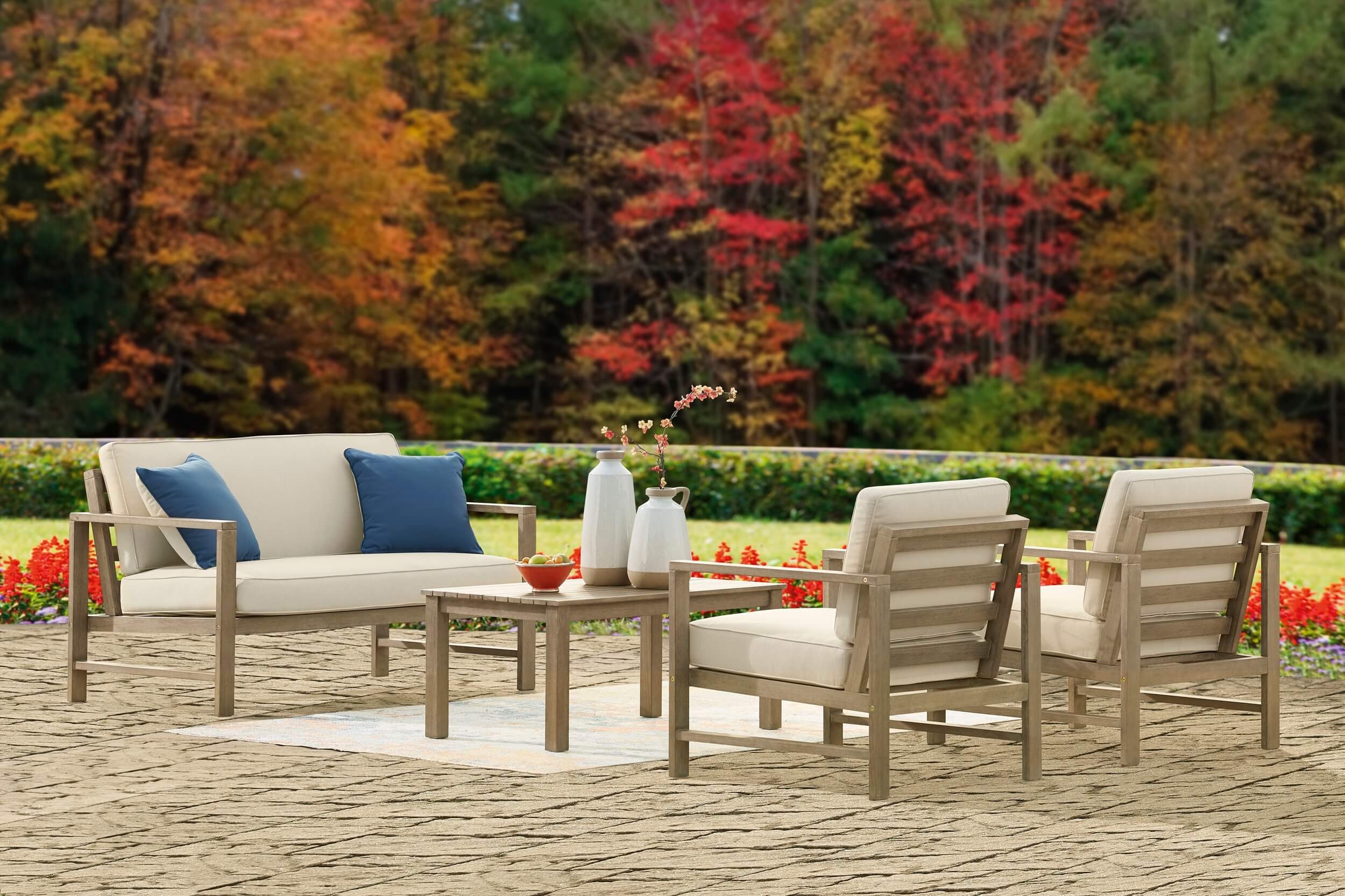 Fynnegan Outdoor Nuvella Fabric/Eucalyptus Wood Patio Set