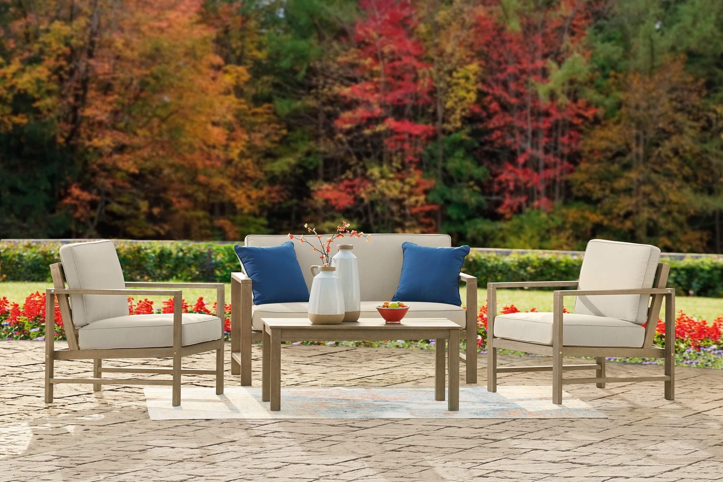Fynnegan Outdoor Nuvella Fabric/Eucalyptus Wood Patio Set