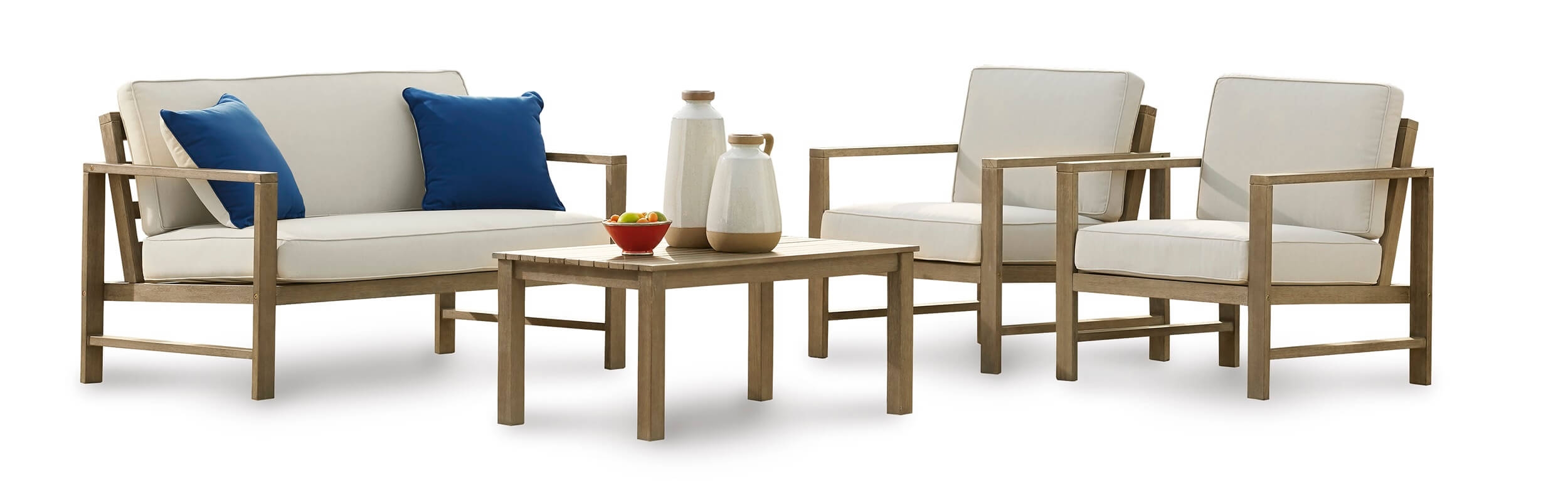 Fynnegan Outdoor Nuvella Fabric/Eucalyptus Wood Patio Set