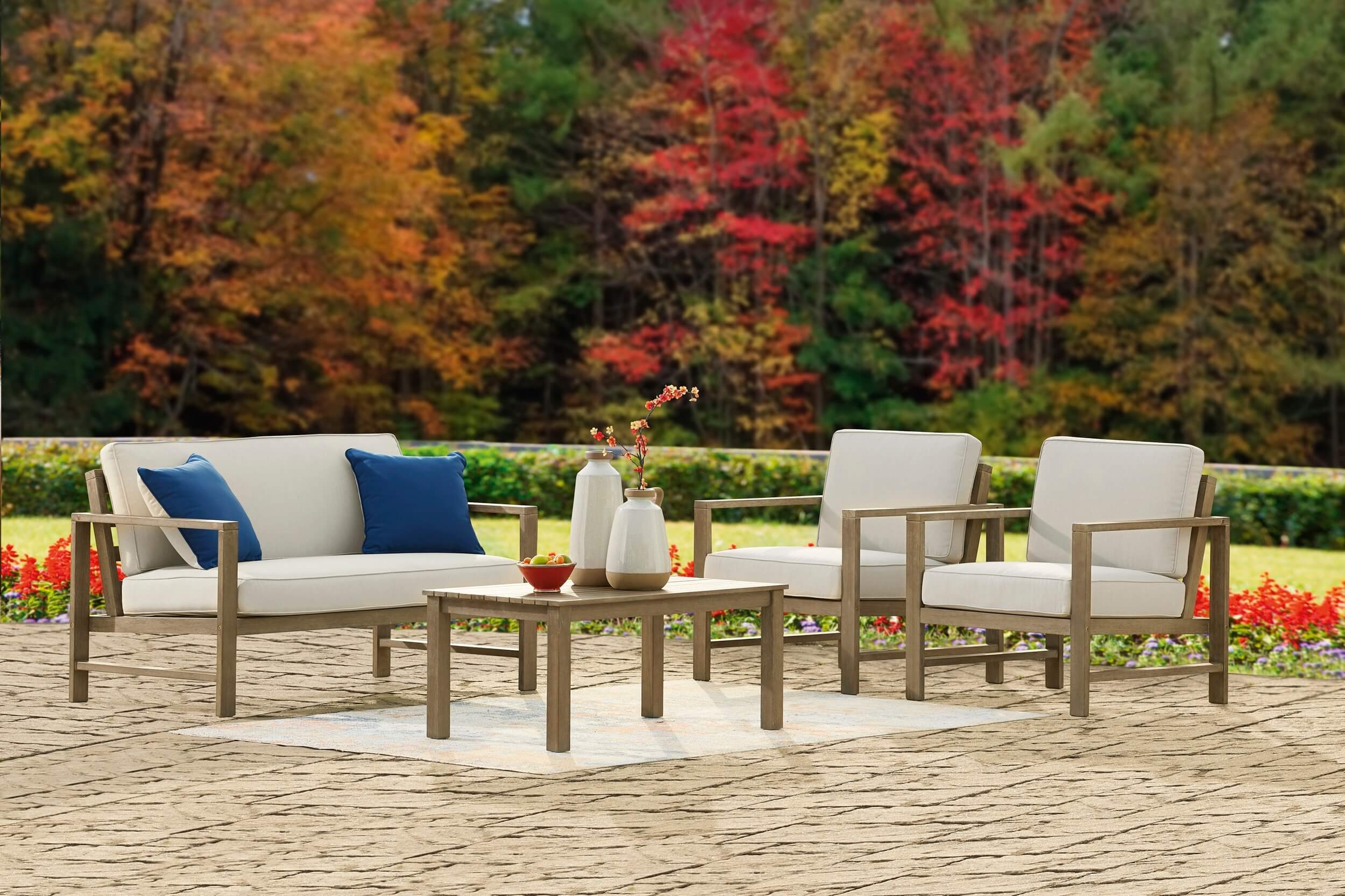 Fynnegan Outdoor Nuvella Fabric/Eucalyptus Wood Patio Set