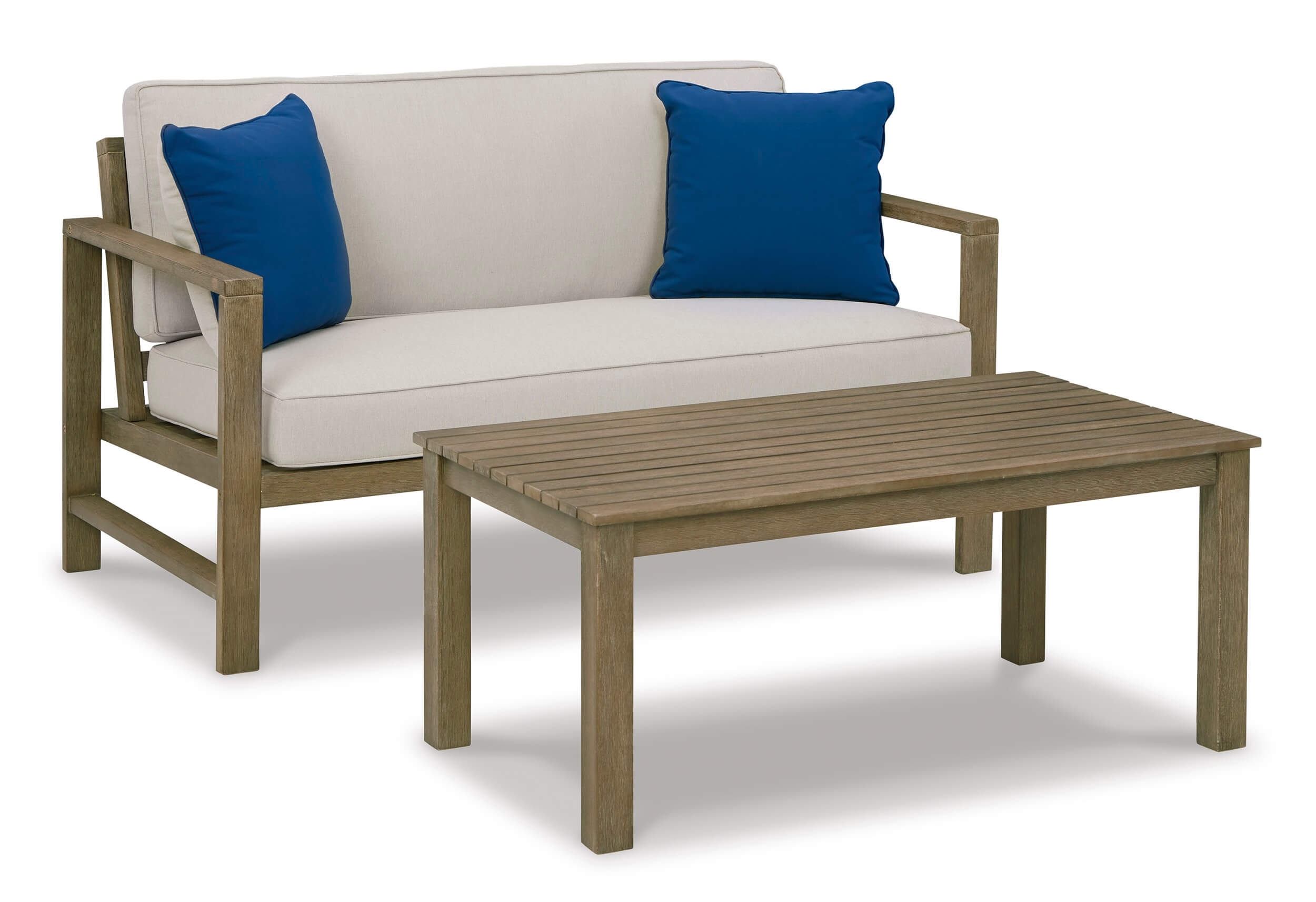 Fynnegan Outdoor Nuvella Fabric/Eucalyptus Wood Loveseat w/Table