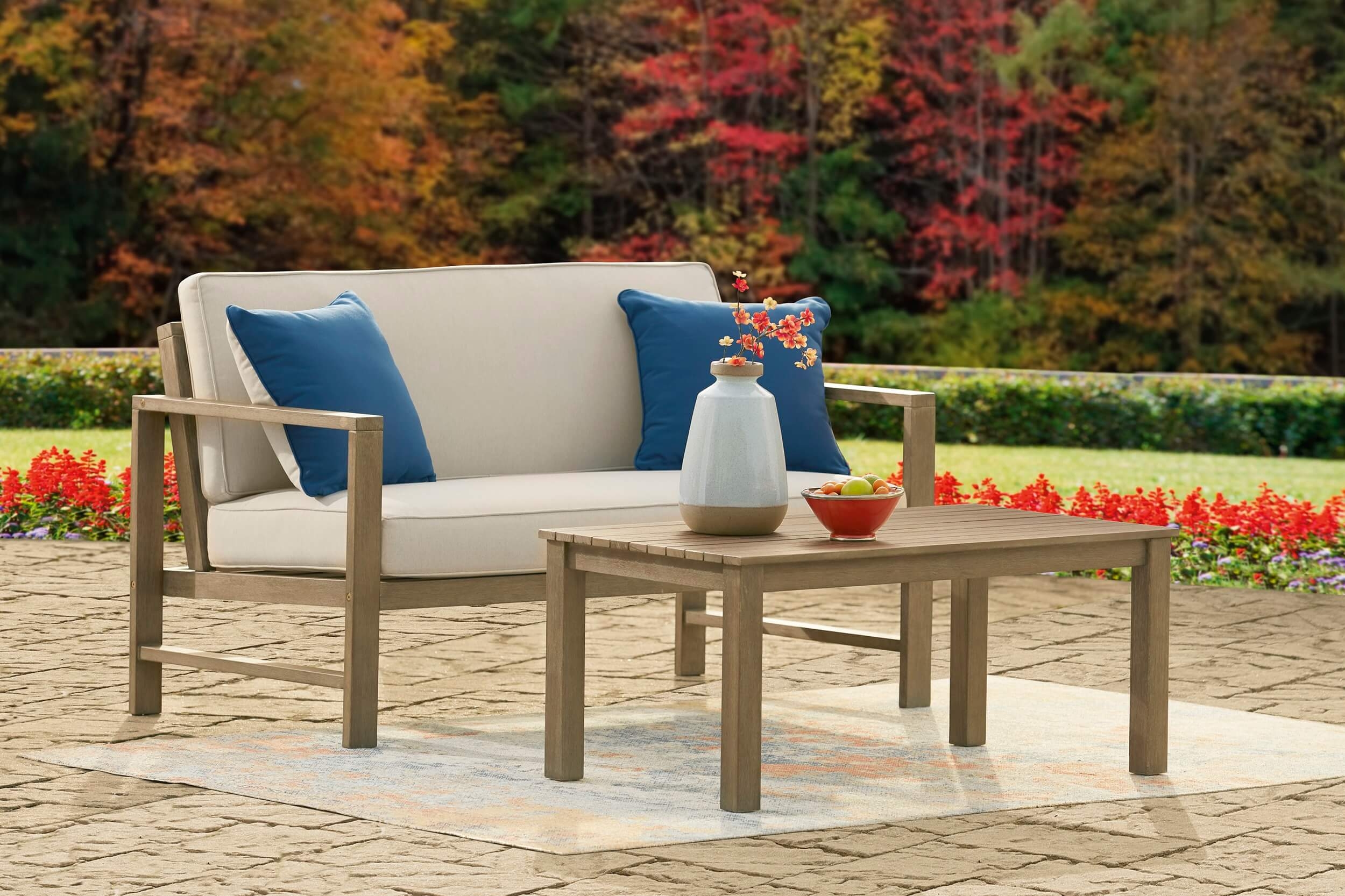 Fynnegan Outdoor Nuvella Fabric/Eucalyptus Wood Patio Set