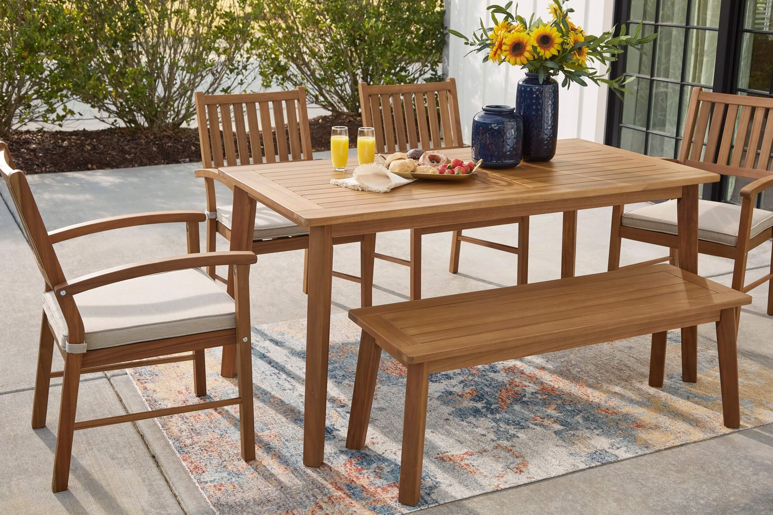 Janiyah Outdoor Acacia Wood Rectangular Dining Set