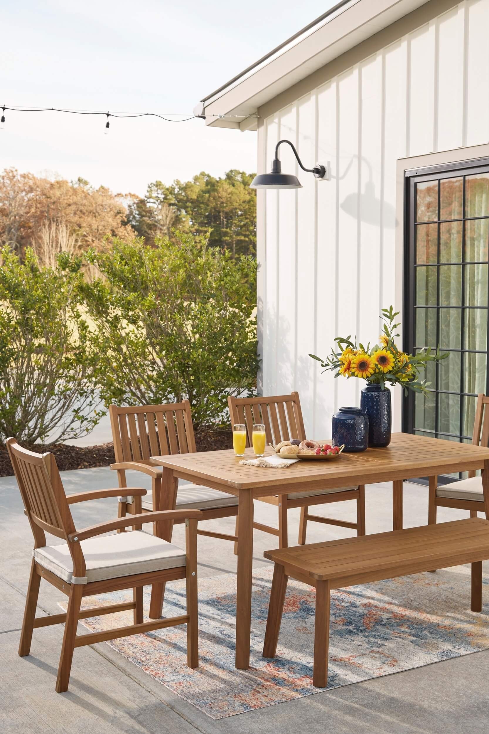 Janiyah Outdoor Acacia Wood Rectangular Dining Set