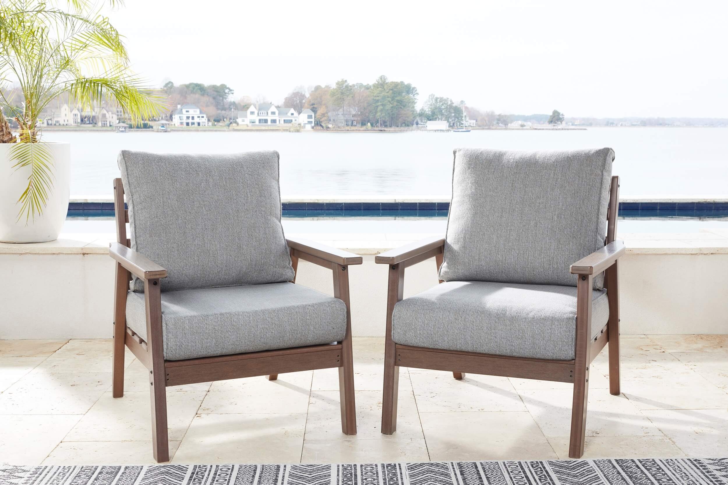 Emmeline Outdoor Nuvella Fabric/High-Density Polyethylene Lounge Chair, Set of 2