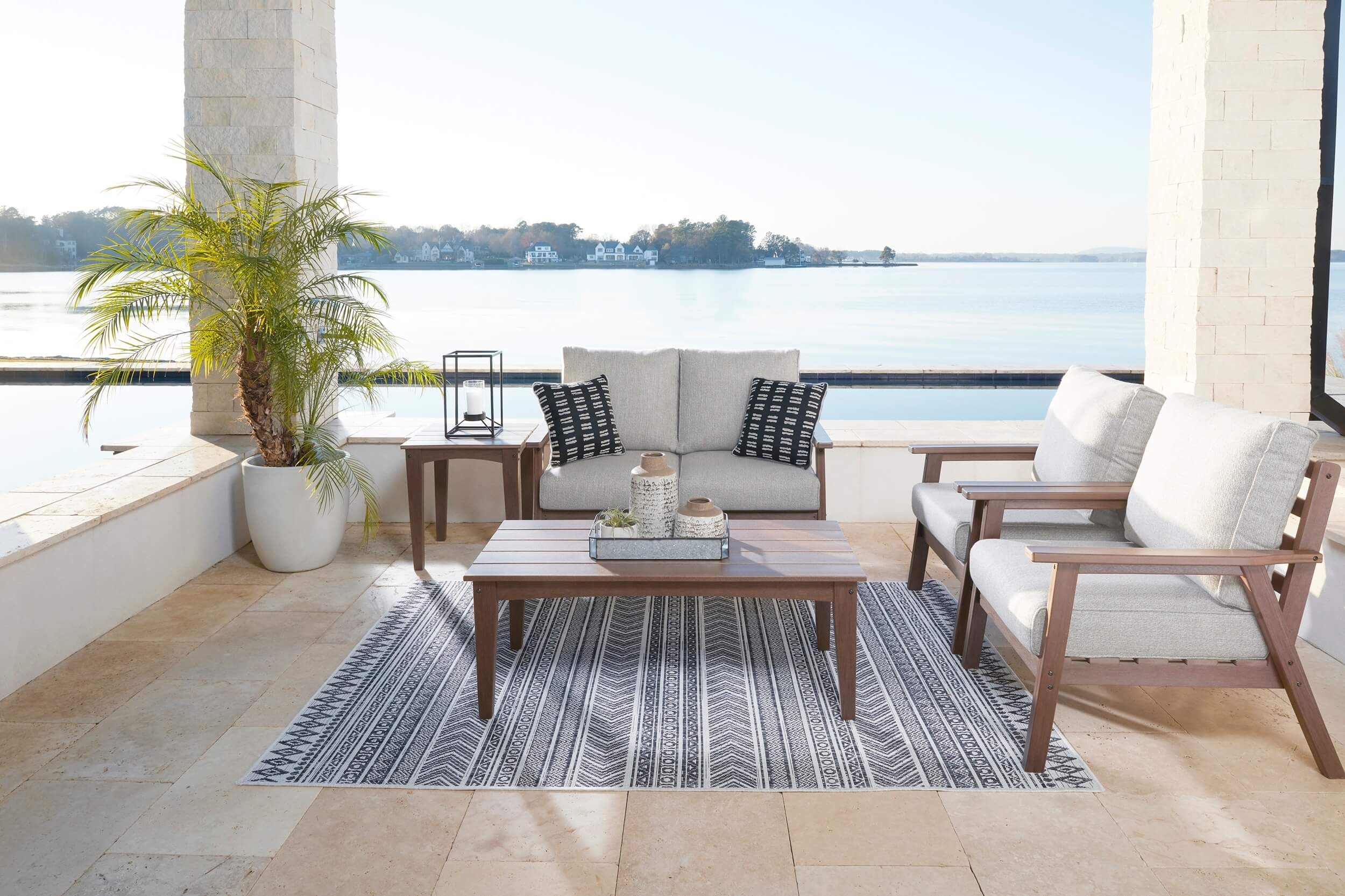 Emmeline Outdoor Nuvella Fabric/High-Density Polyethylene Set w/Pillows