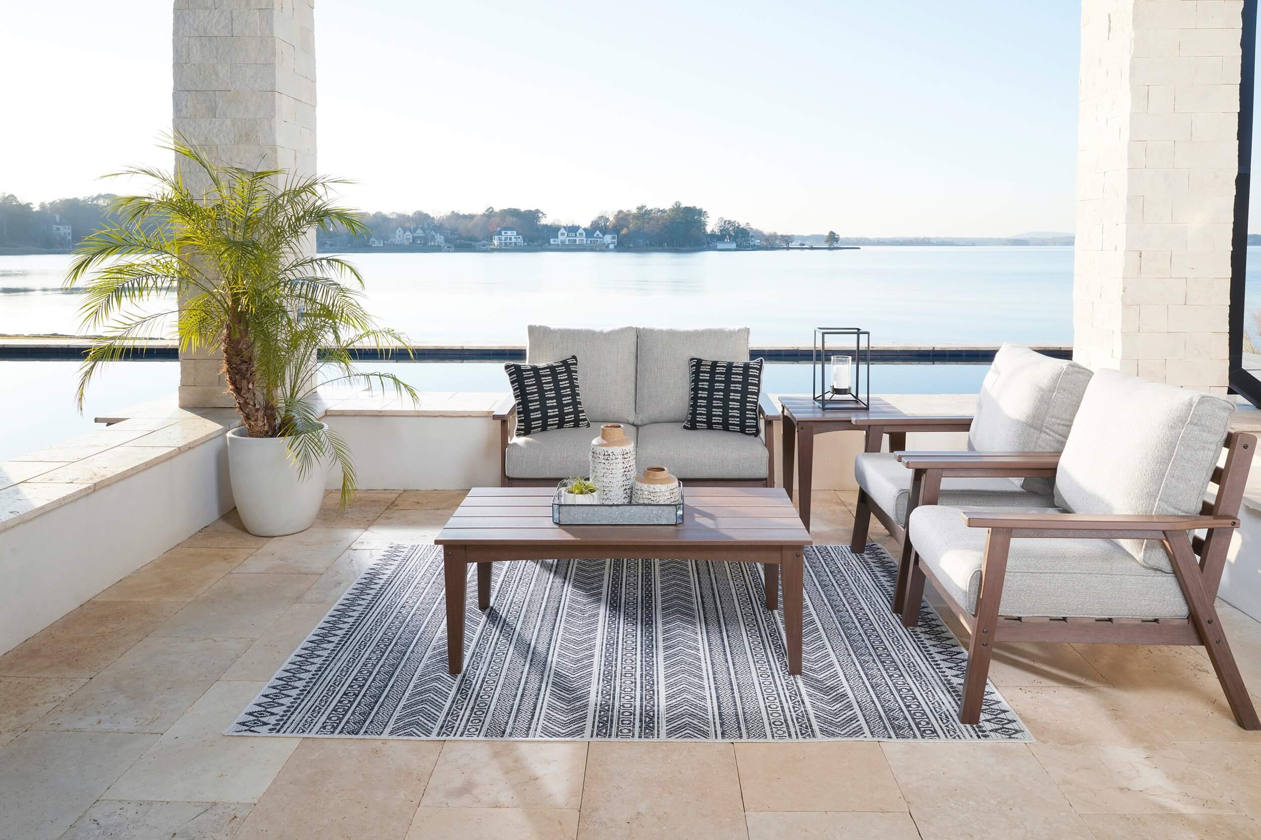 Emmeline Outdoor Nuvella Fabric/High-Density Polyethylene Set w/Pillows