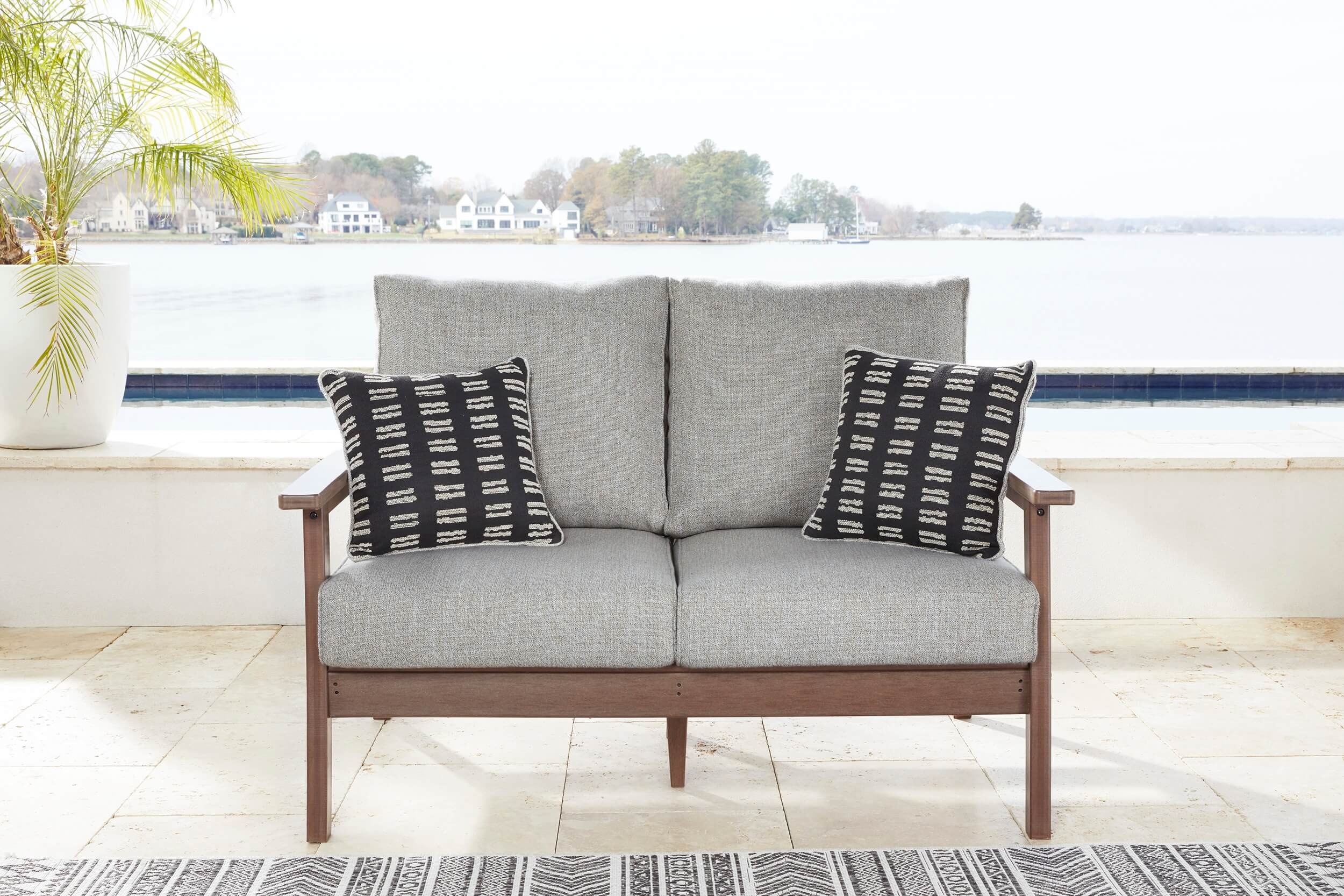 Emmeline Outdoor Nuvella Fabric/High-Density Polyethylene Loveseat w/2 Pillows