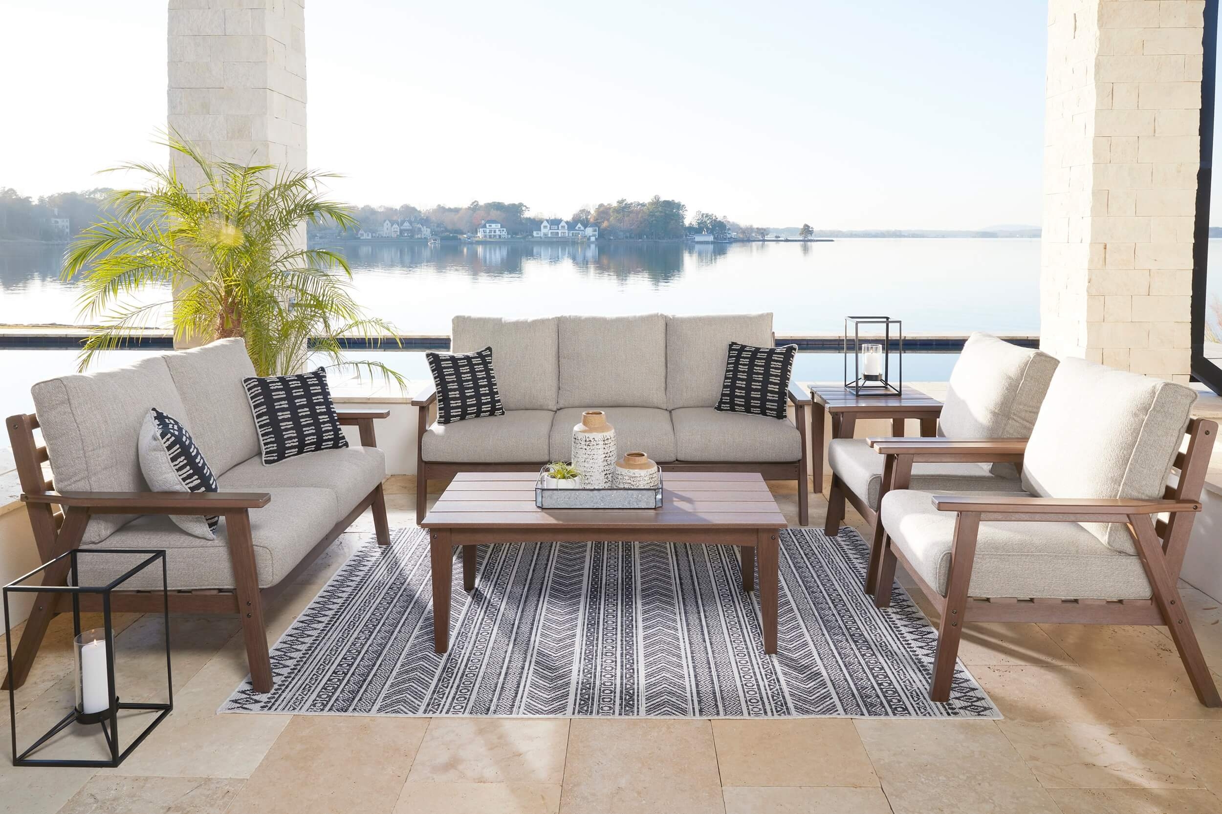 Emmeline Outdoor Nuvella Fabric/High-Density Polyethylene Set w/Pillows