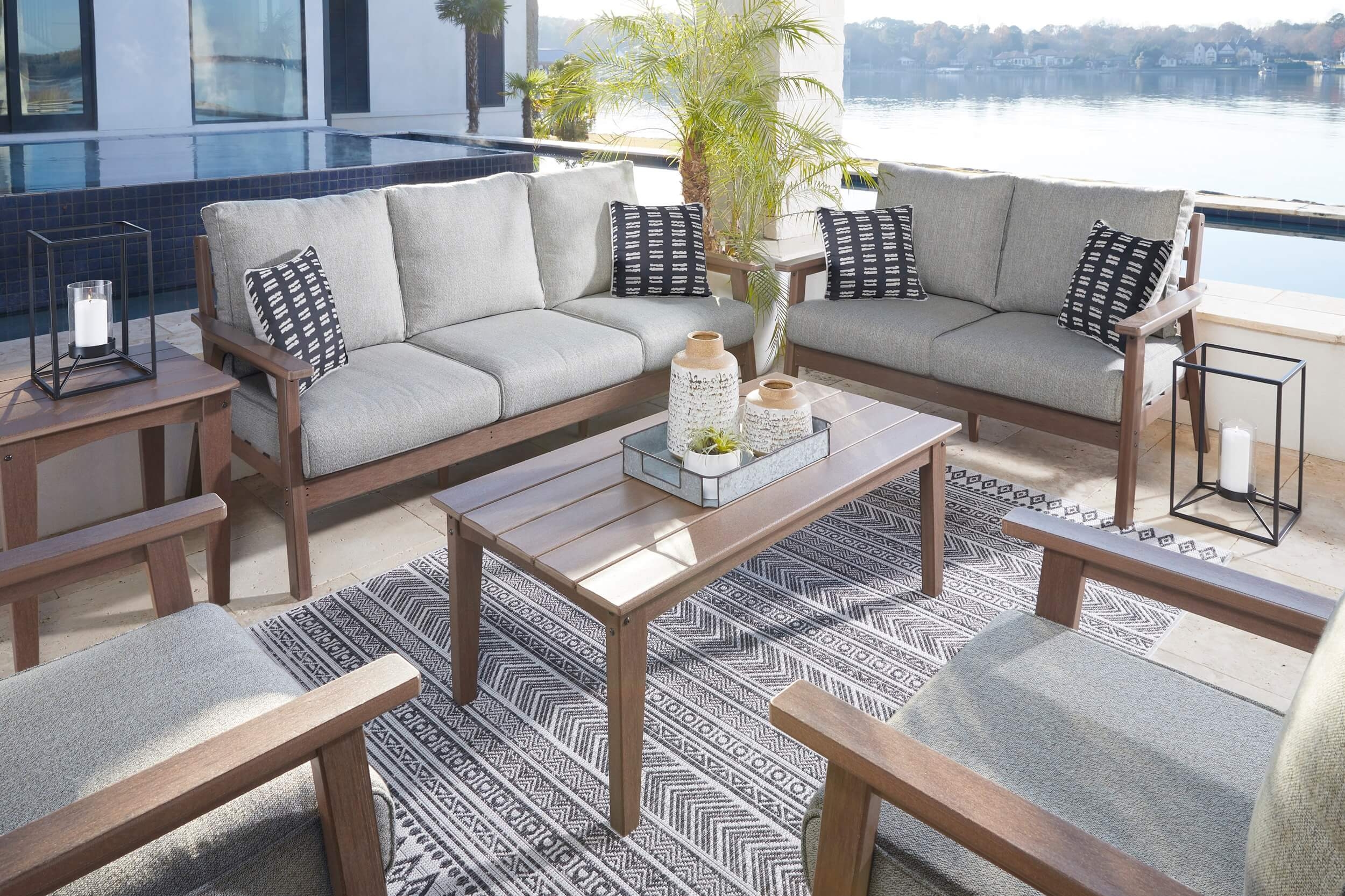 Emmeline Outdoor Nuvella Fabric/High-Density Polyethylene Set w/Pillows