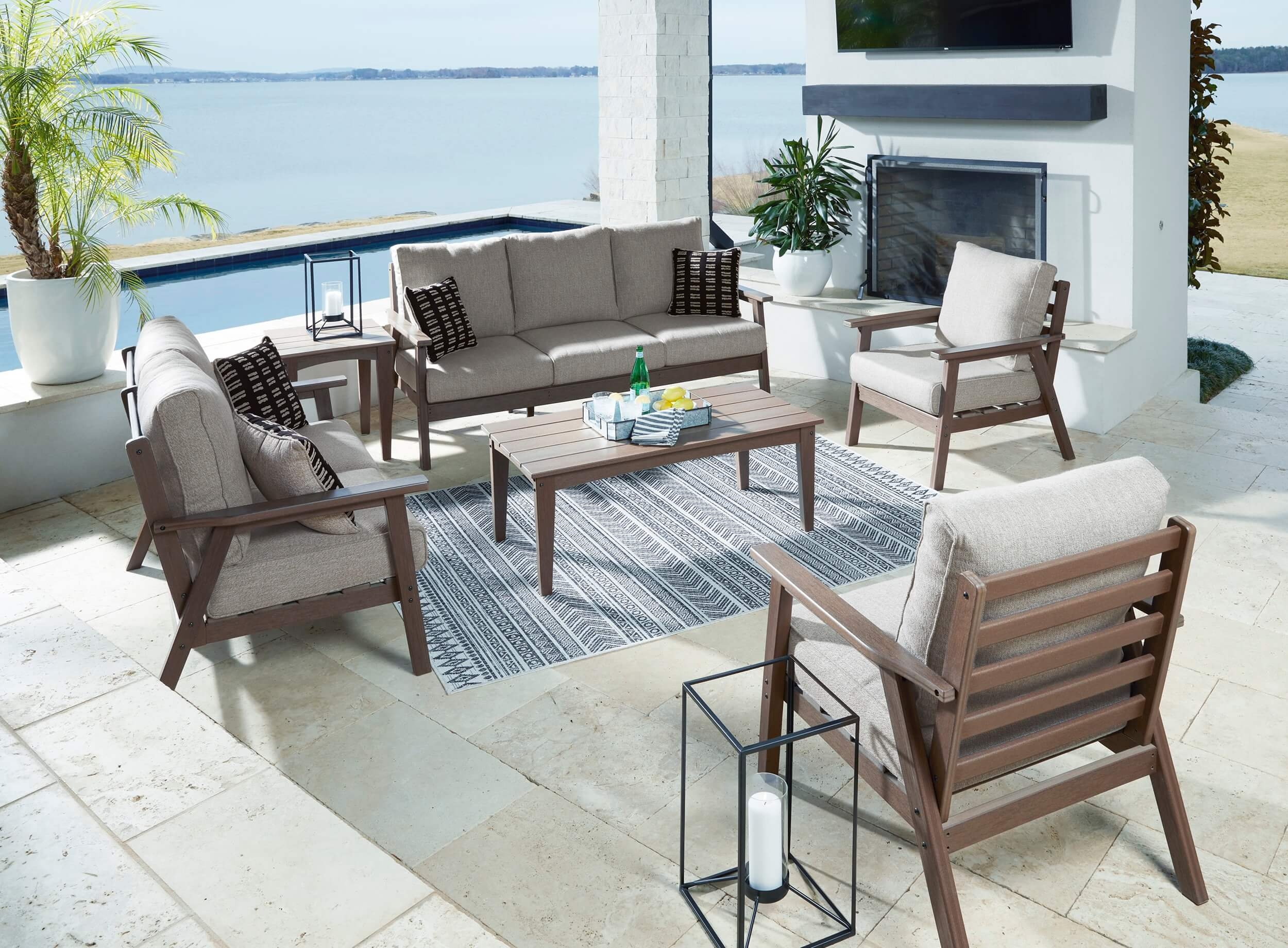 Emmeline Outdoor Nuvella Fabric/High-Density Polyethylene Set w/Pillows