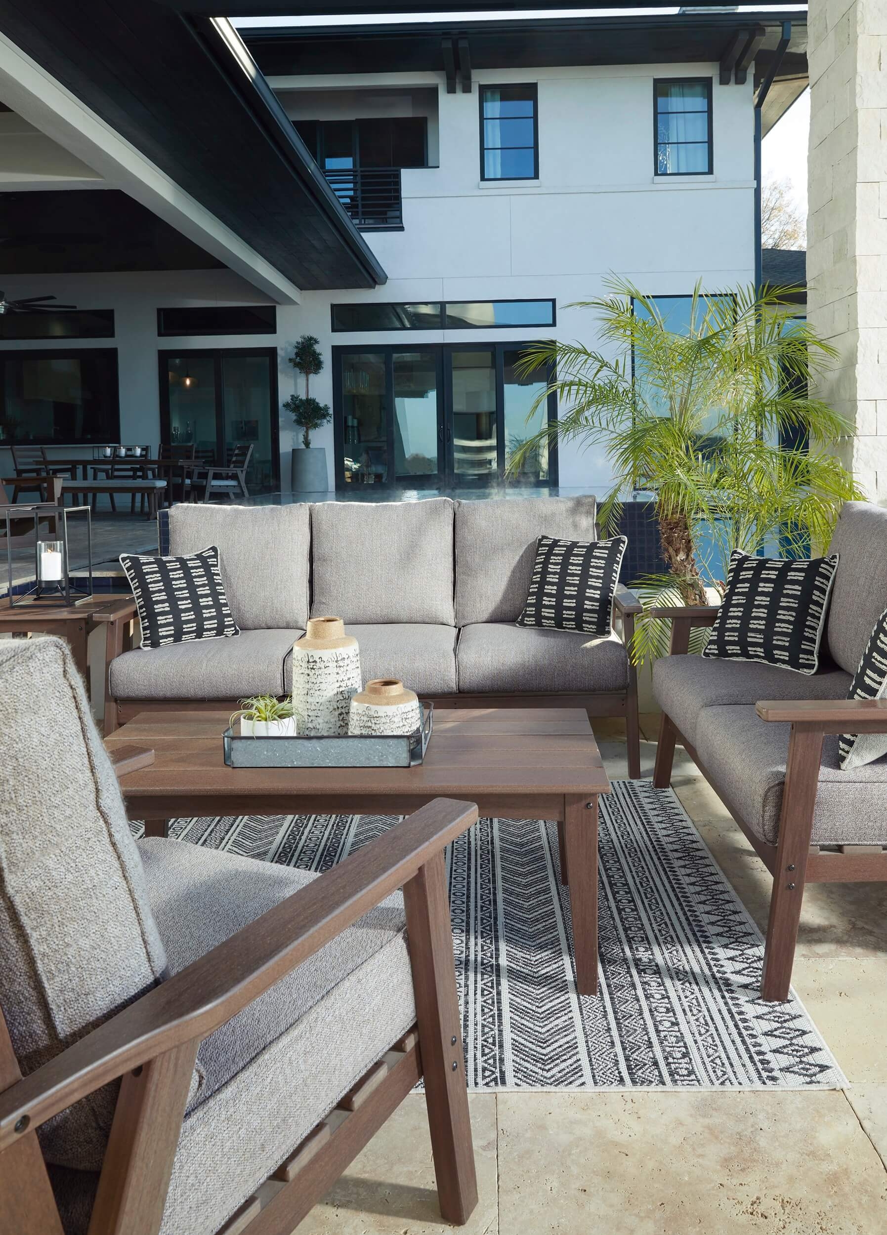 Emmeline Outdoor Nuvella Fabric/High-Density Polyethylene Set w/Pillows