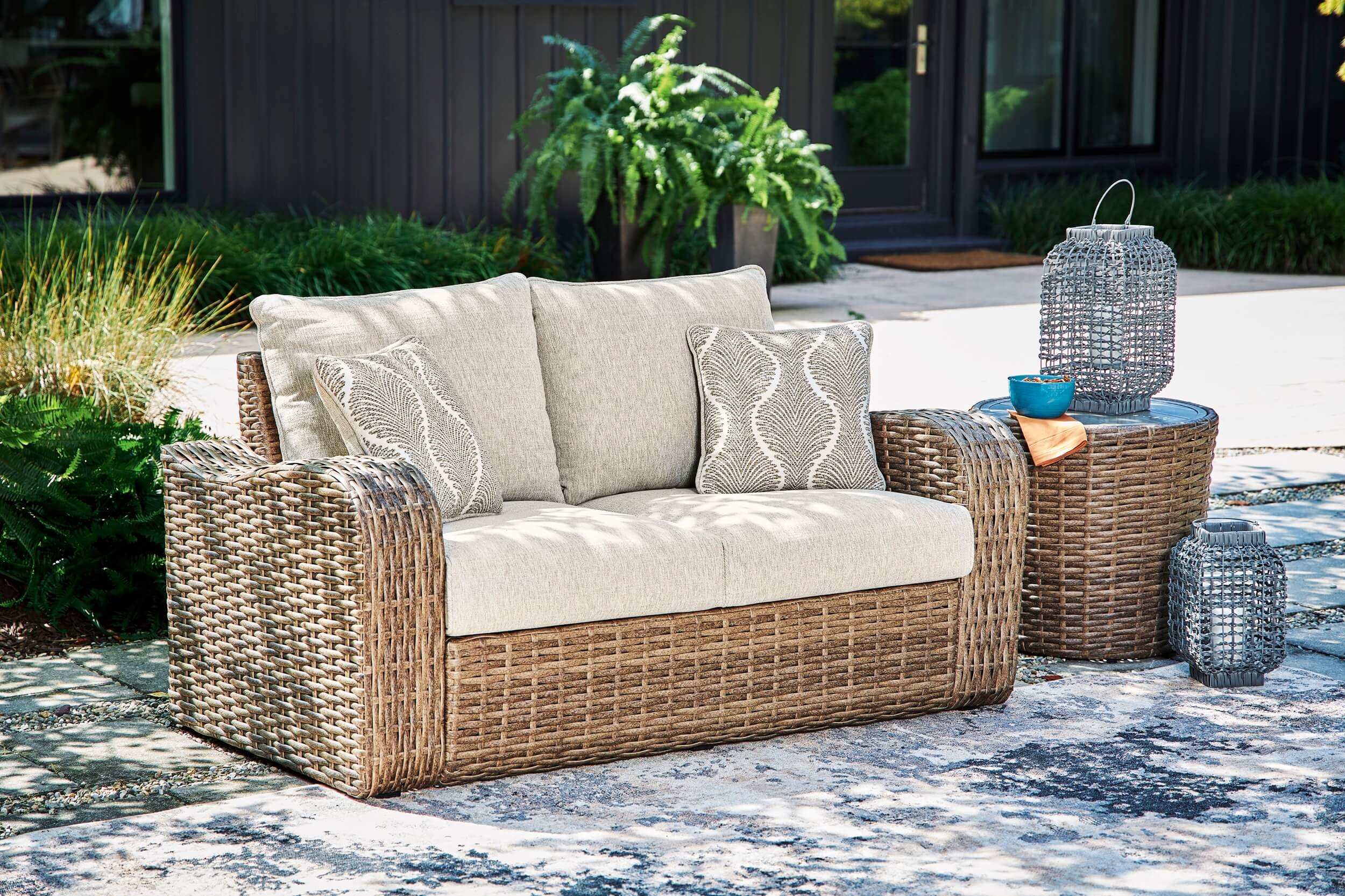 Sandy Bloom Outdoor Nuvella Fabric/Resin Wicker Set w/Pillows