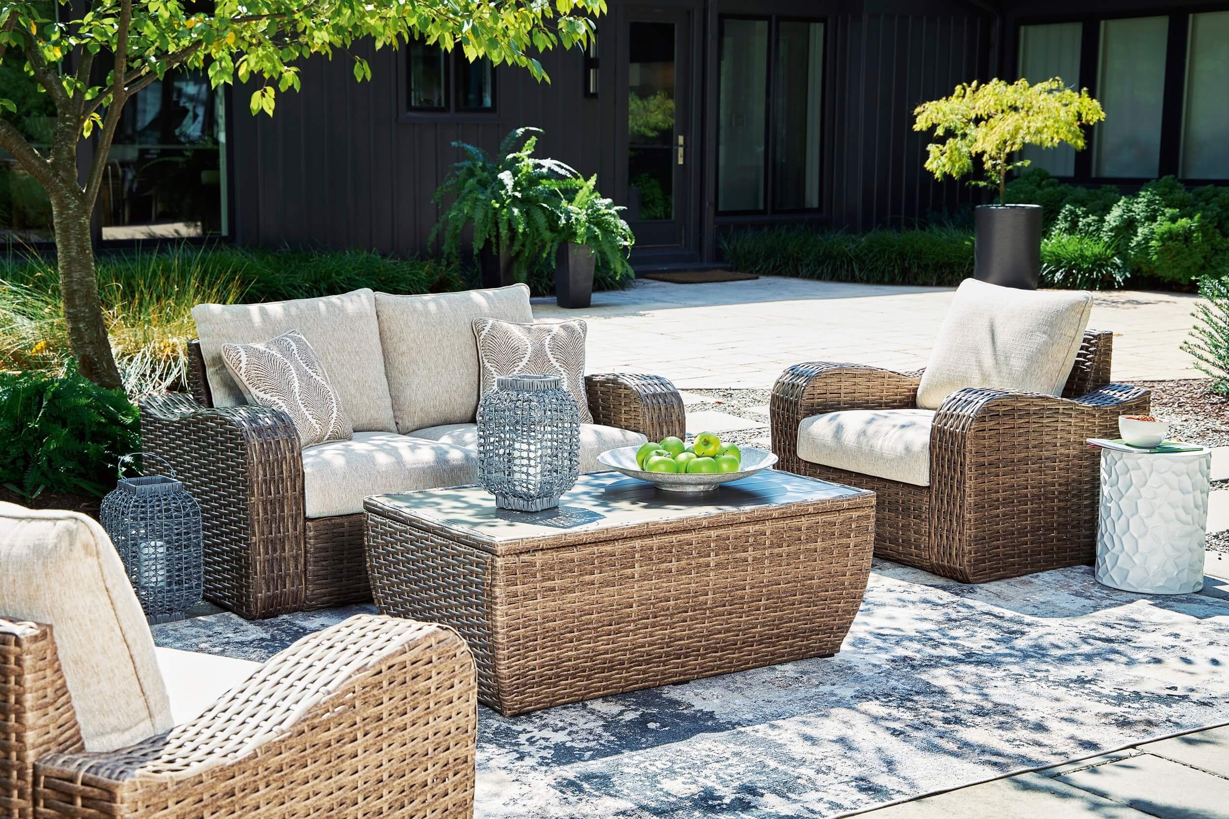Sandy Bloom Outdoor Nuvella Fabric/Resin Wicker Set w/Pillows