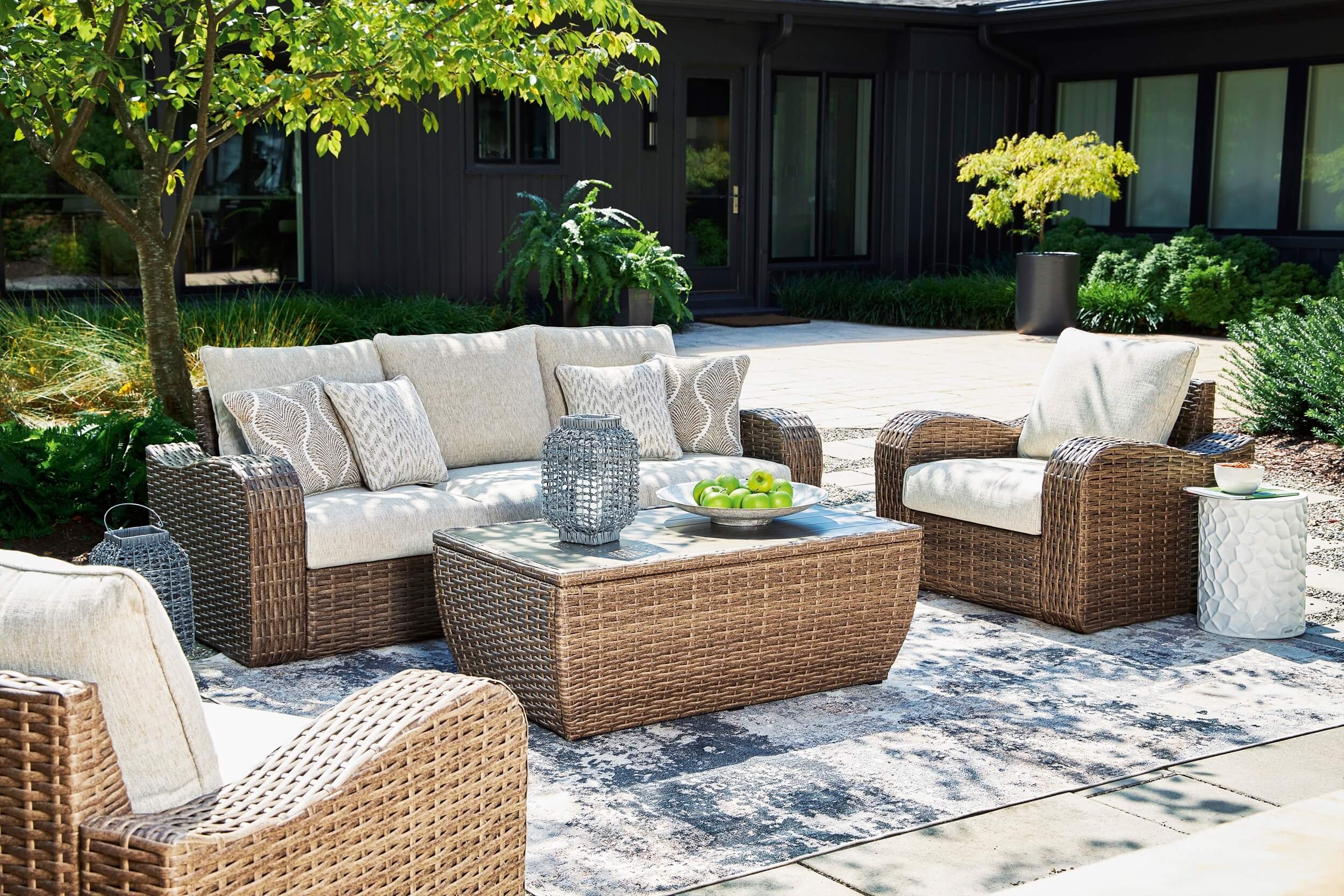 Sandy Bloom Outdoor Nuvella Fabric/Resin Wicker Set w/Pillows