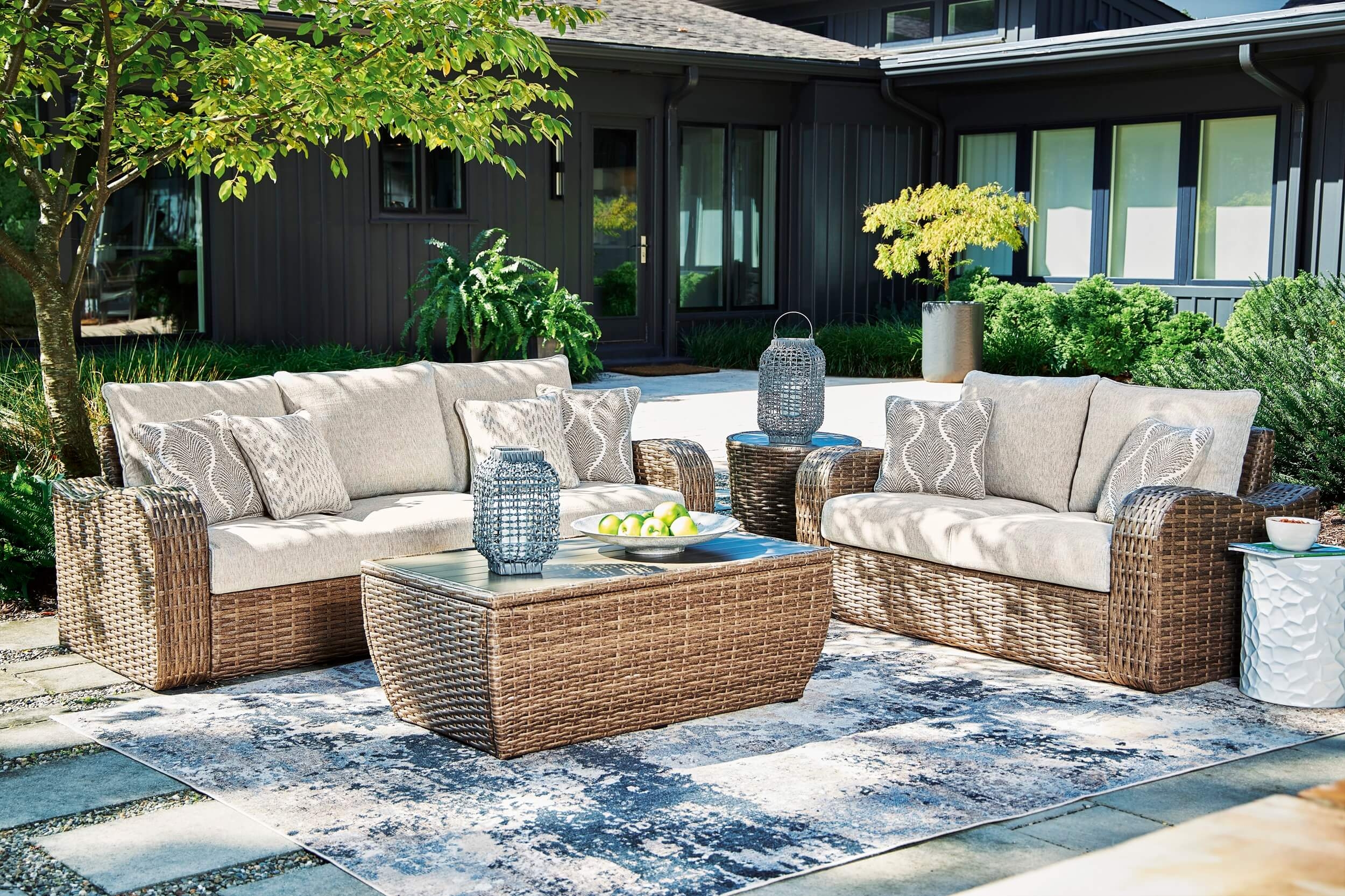 Sandy Bloom Outdoor Nuvella Fabric/Resin Wicker Set w/Pillows
