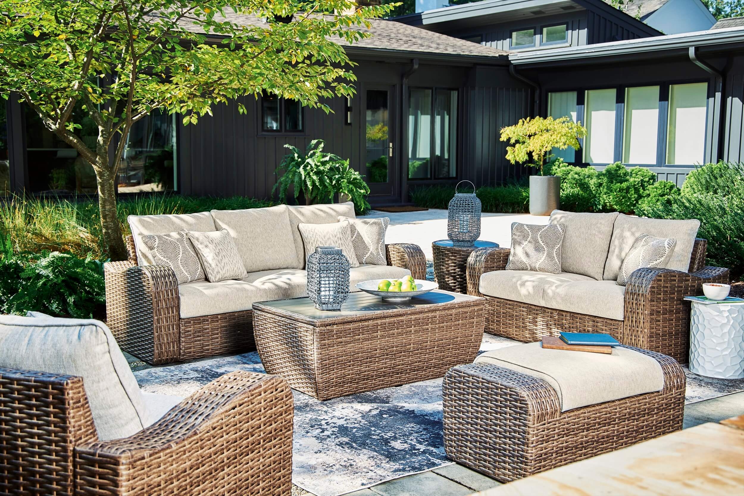 Sandy Bloom Outdoor Nuvella Fabric/Resin Wicker Set w/Pillows