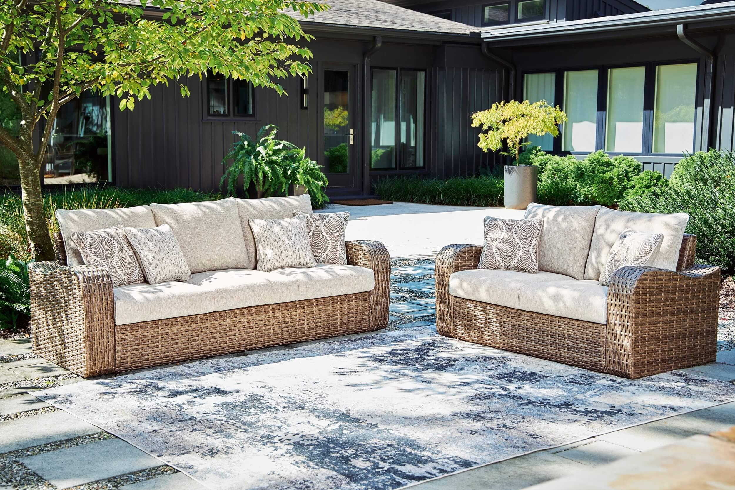 Sandy Bloom Outdoor Nuvella Fabric/Resin Wicker Set w/Pillows