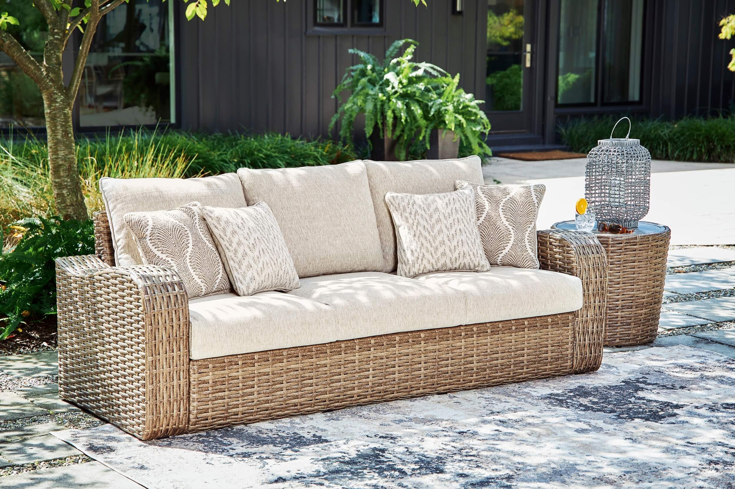 Sandy Bloom Outdoor Nuvella Fabric/Resin Wicker Sofa w/4 Pillows