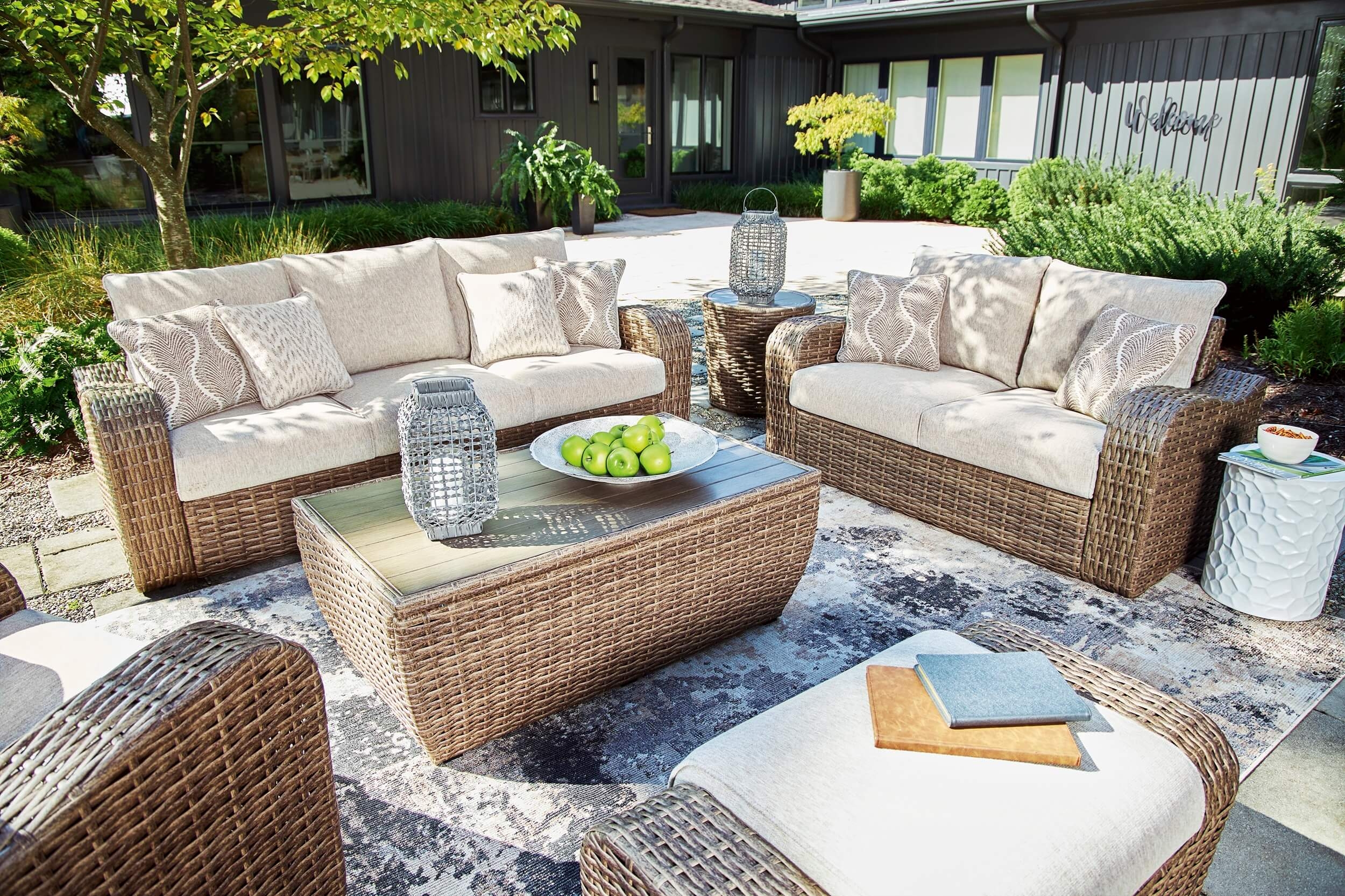 Sandy Bloom Outdoor Nuvella Fabric/Resin Wicker Set w/Pillows