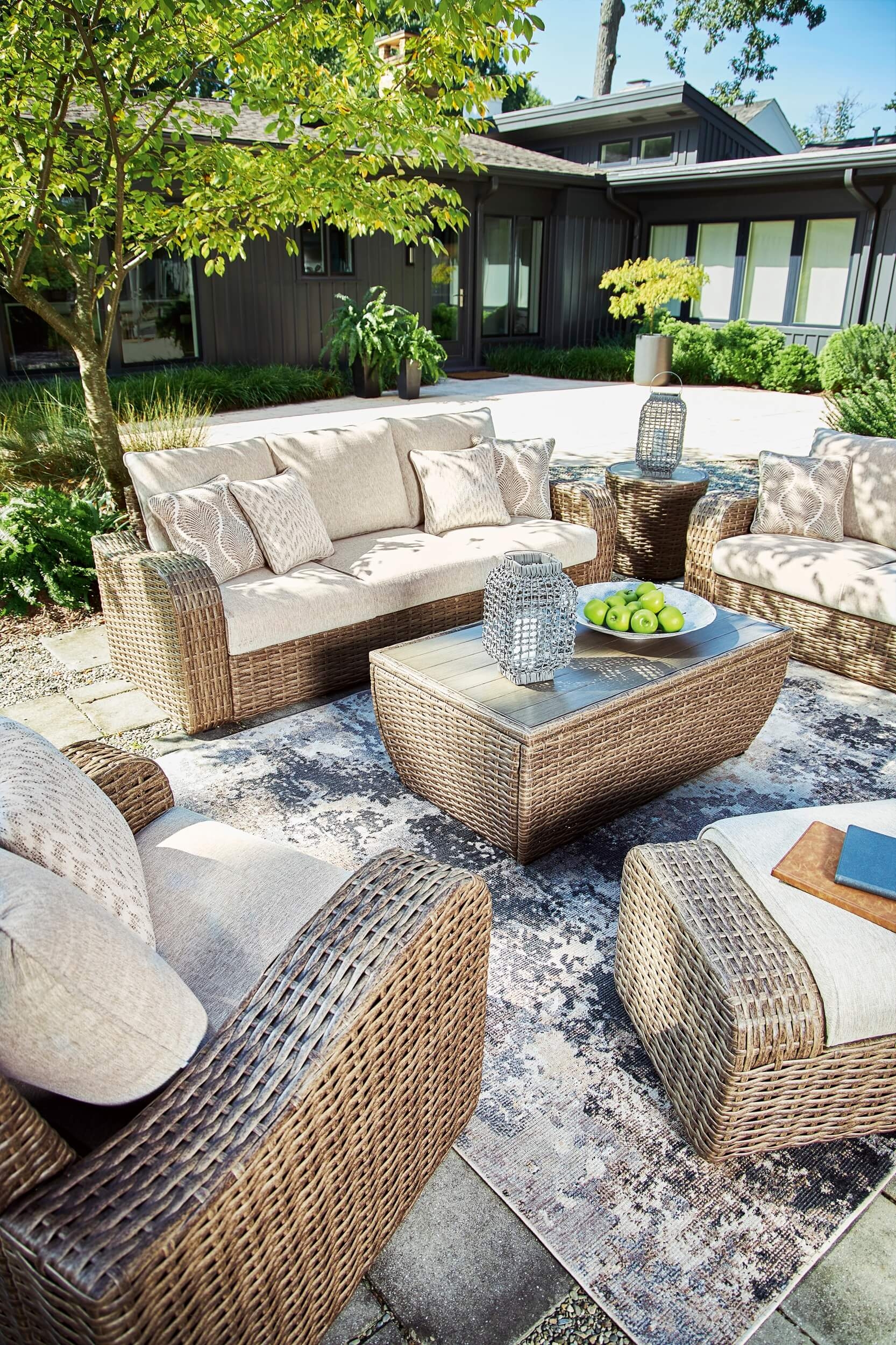 Sandy Bloom Outdoor Nuvella Fabric/Resin Wicker Set w/Pillows