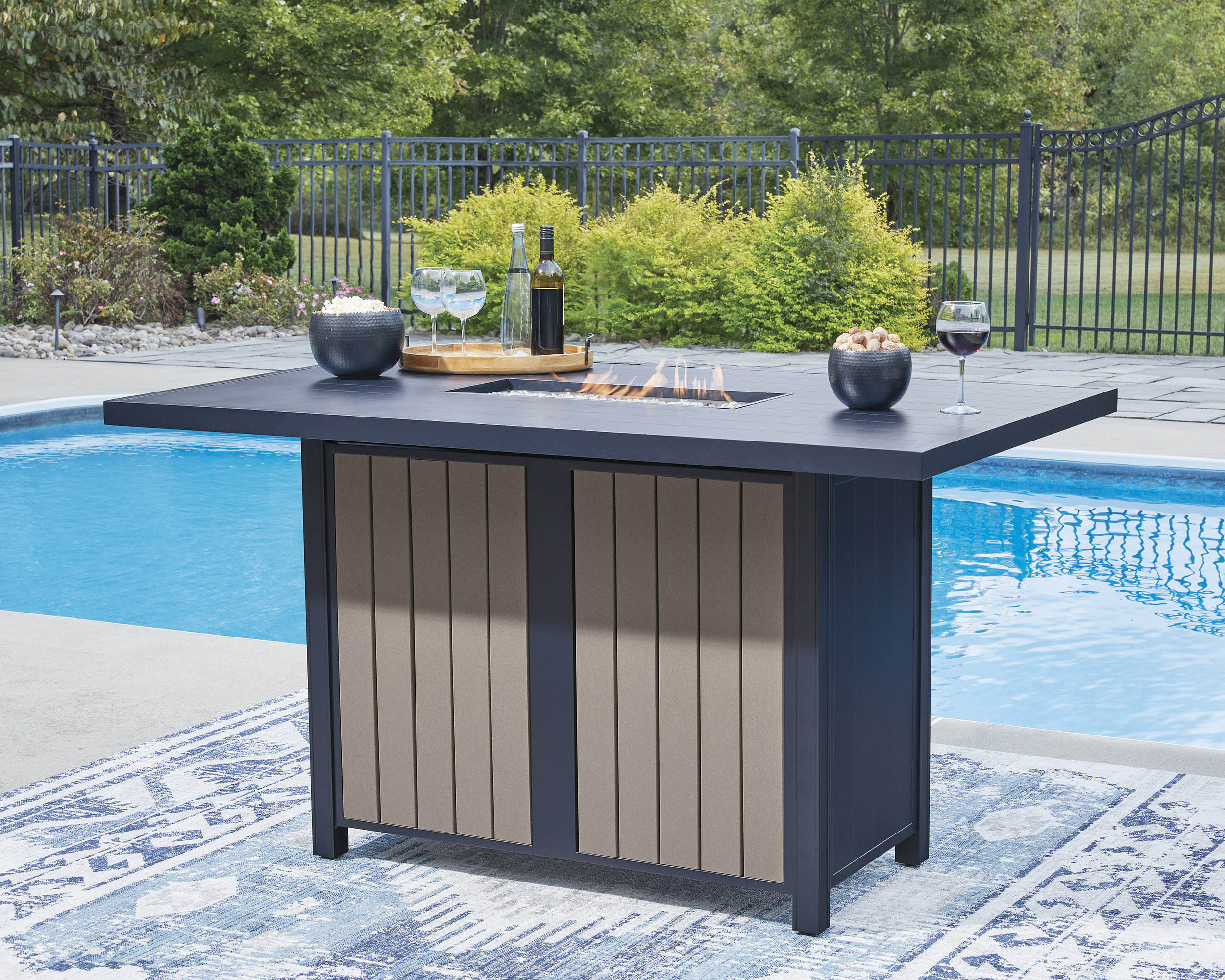 East Beach Rectangular Aluminum/Polyethylene Bar Table with Fire Pit & 2 Doors
