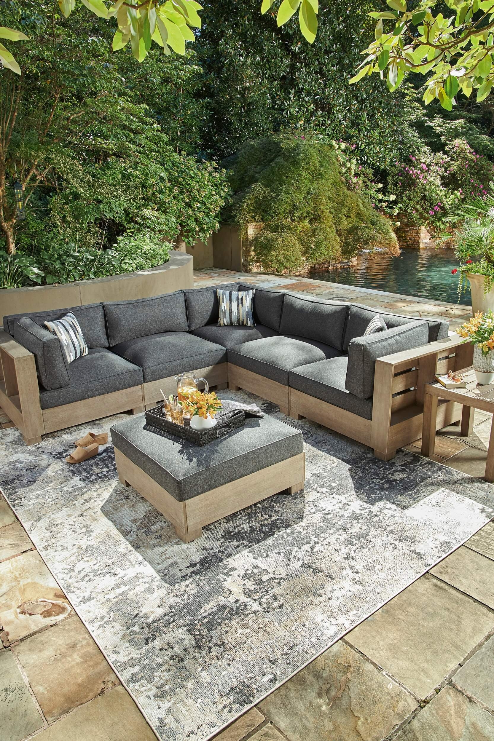 Citrine Park Outdoor Nuvella Fabric/Eucalyptus Wood Ottoman w/Cushion