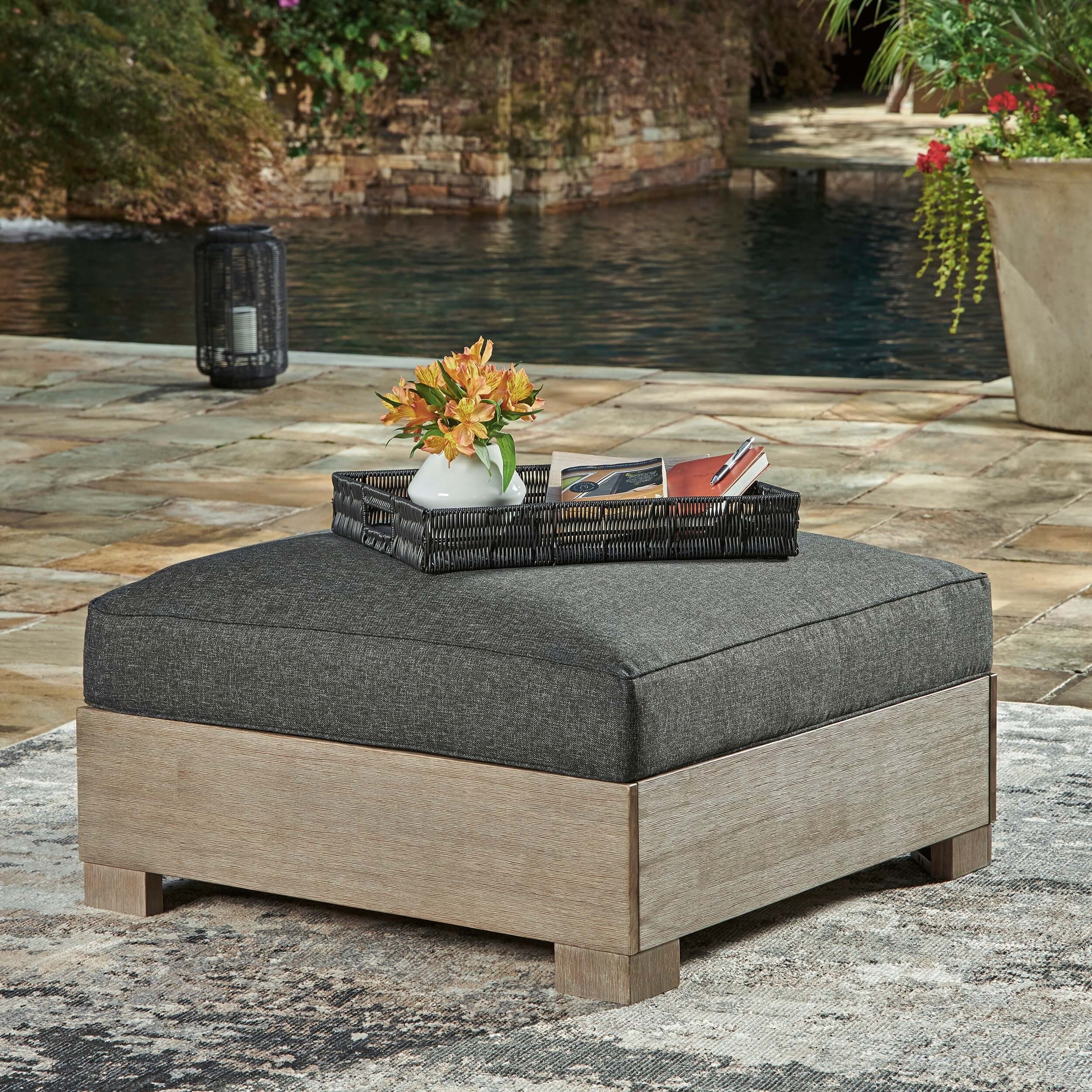 Citrine Park Outdoor Nuvella Fabric/Eucalyptus Wood Ottoman w/Cushion