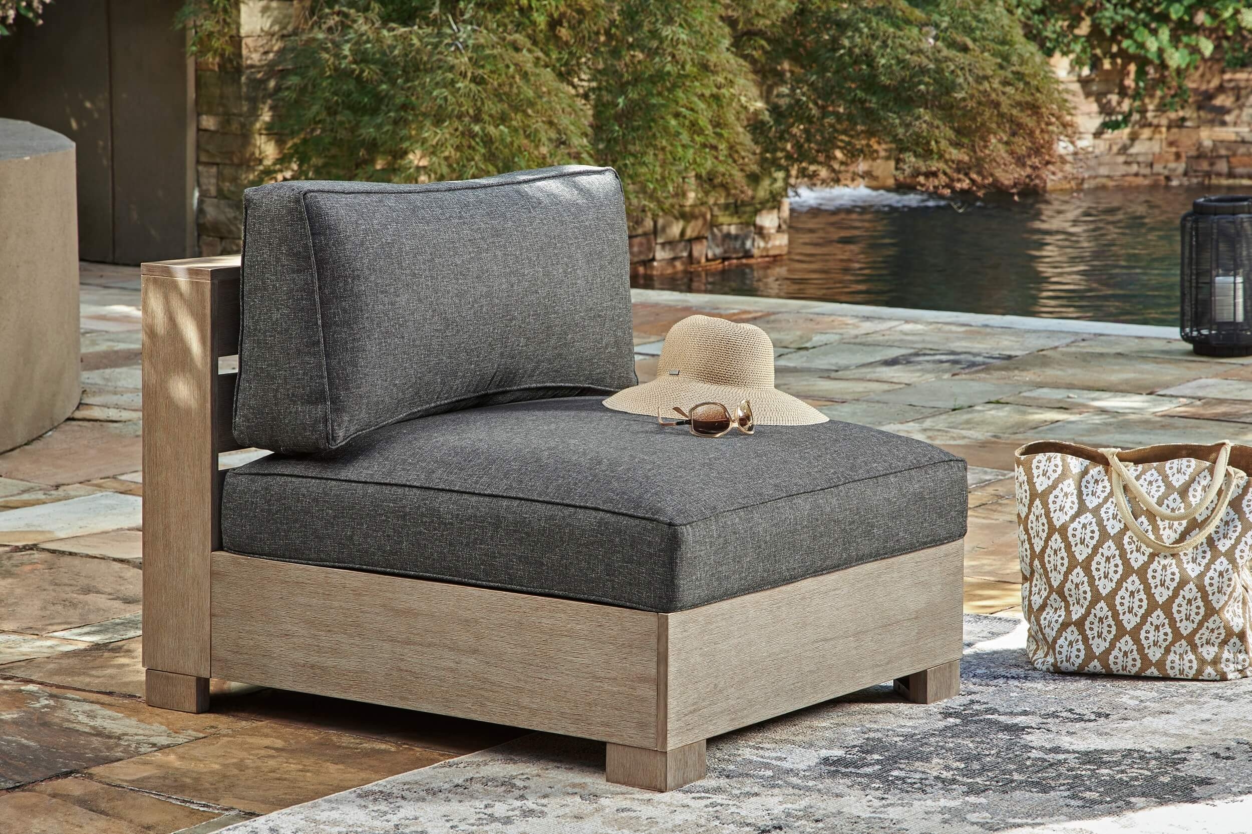 Citrine Park Outdoor Nuvella Fabric/Eucalyptus Wood Armless Chair w/Cushion