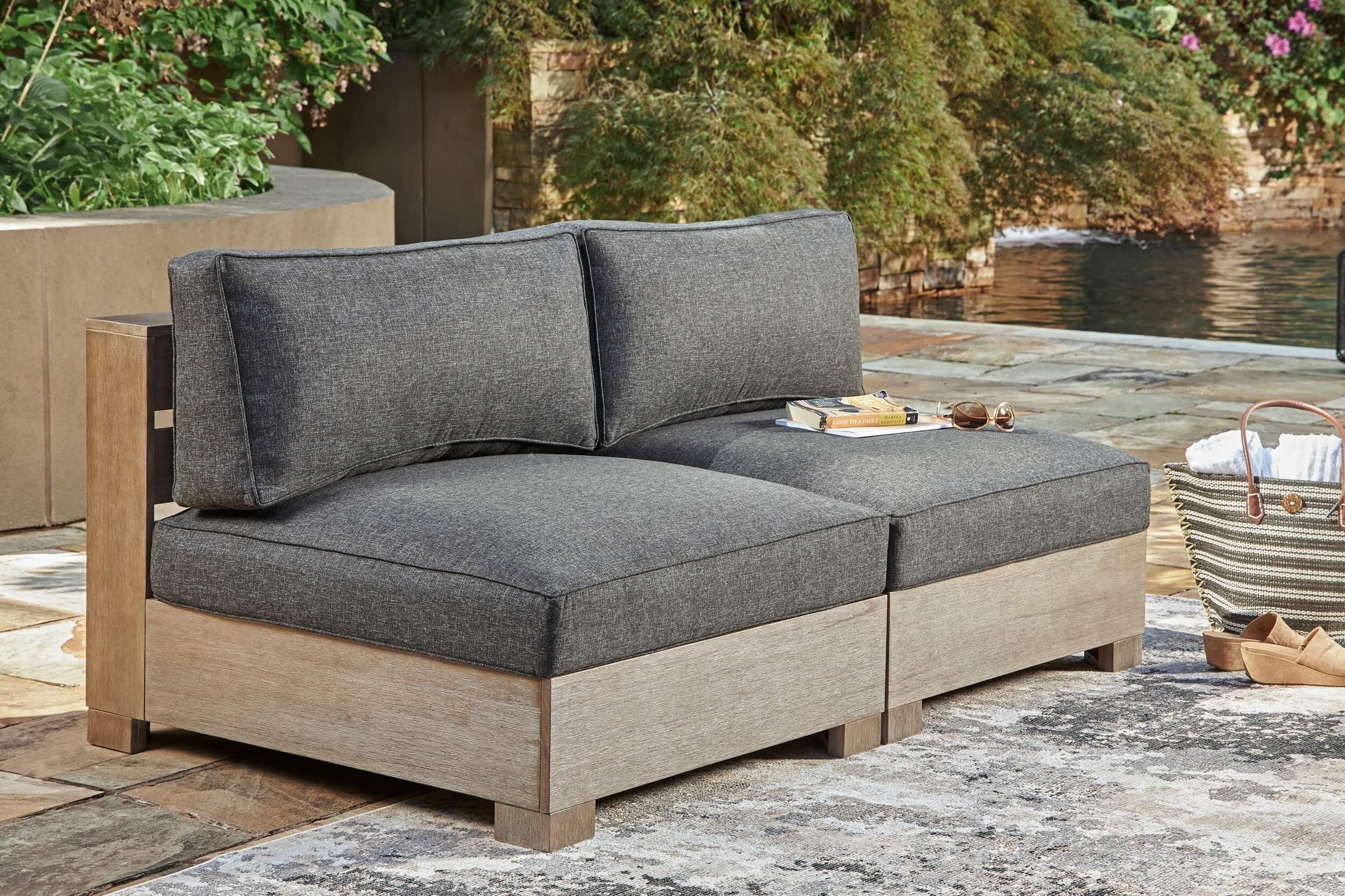 Citrine Park Outdoor Nuvella Fabric/Eucalyptus Wood Armless Chair w/Cushion