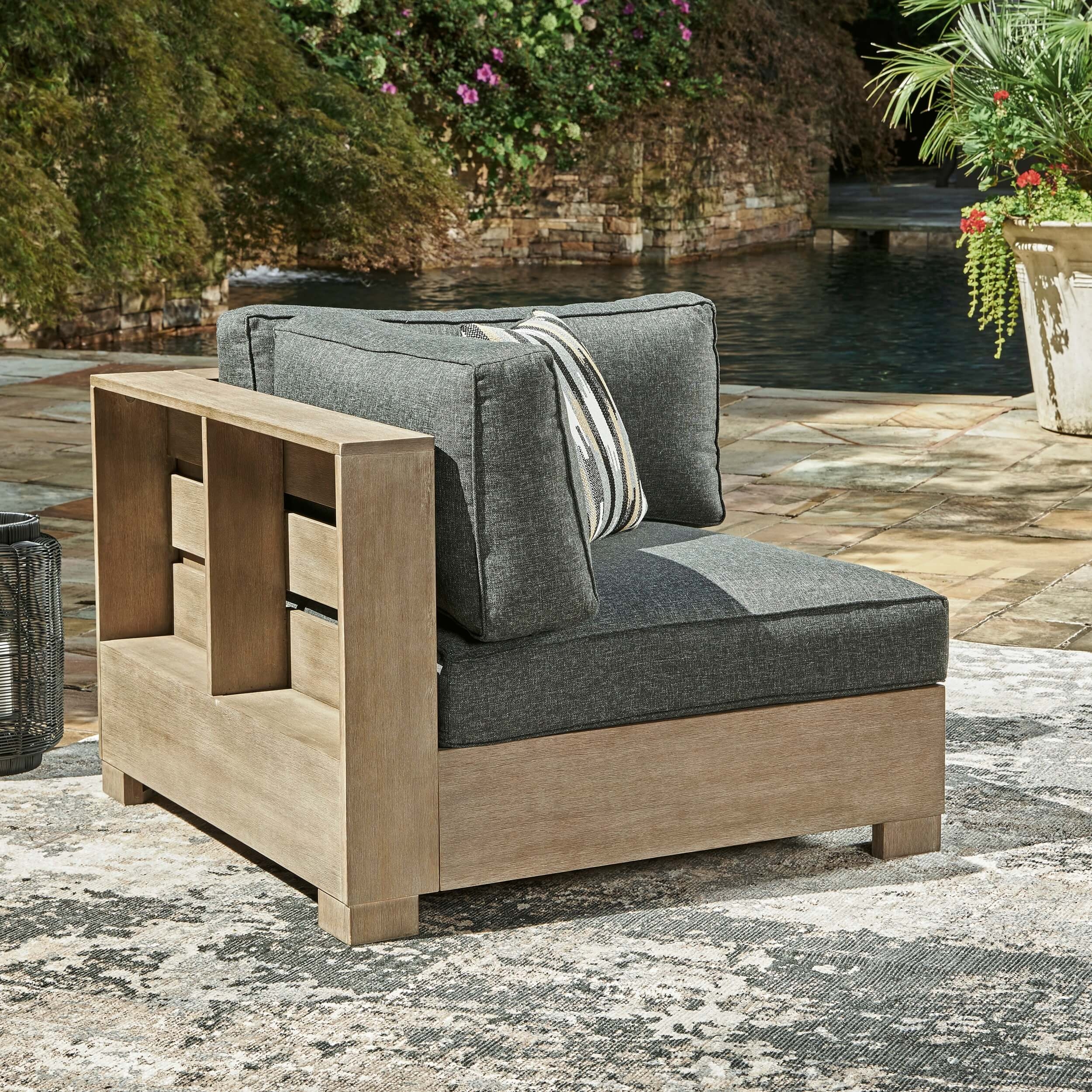 Citrine Park Outdoor Nuvella Fabric/Eucalyptus Wood Chair w/Cushion, Left-Arm Facing