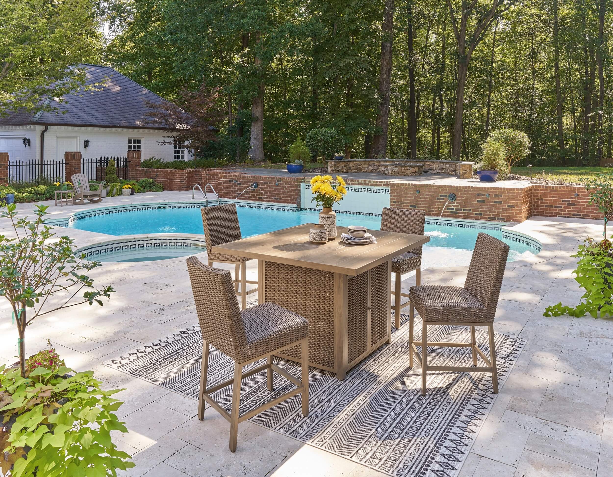 Walton Bridge Outdoor Resin Wicker Square Patio Bar Set w/Fire Pit
