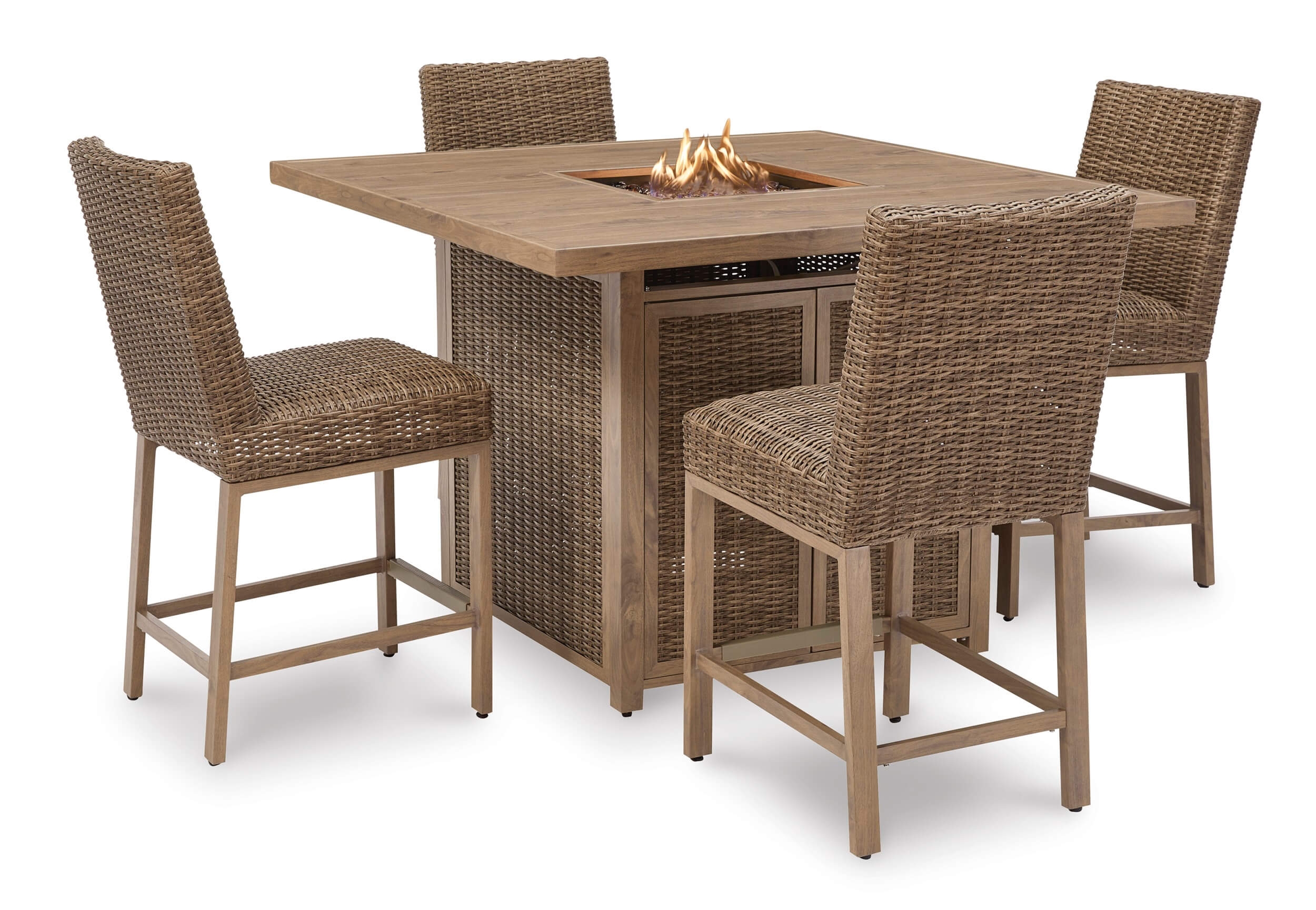 Walton Bridge Outdoor Resin Wicker Square Patio Bar Set w/Fire Pit