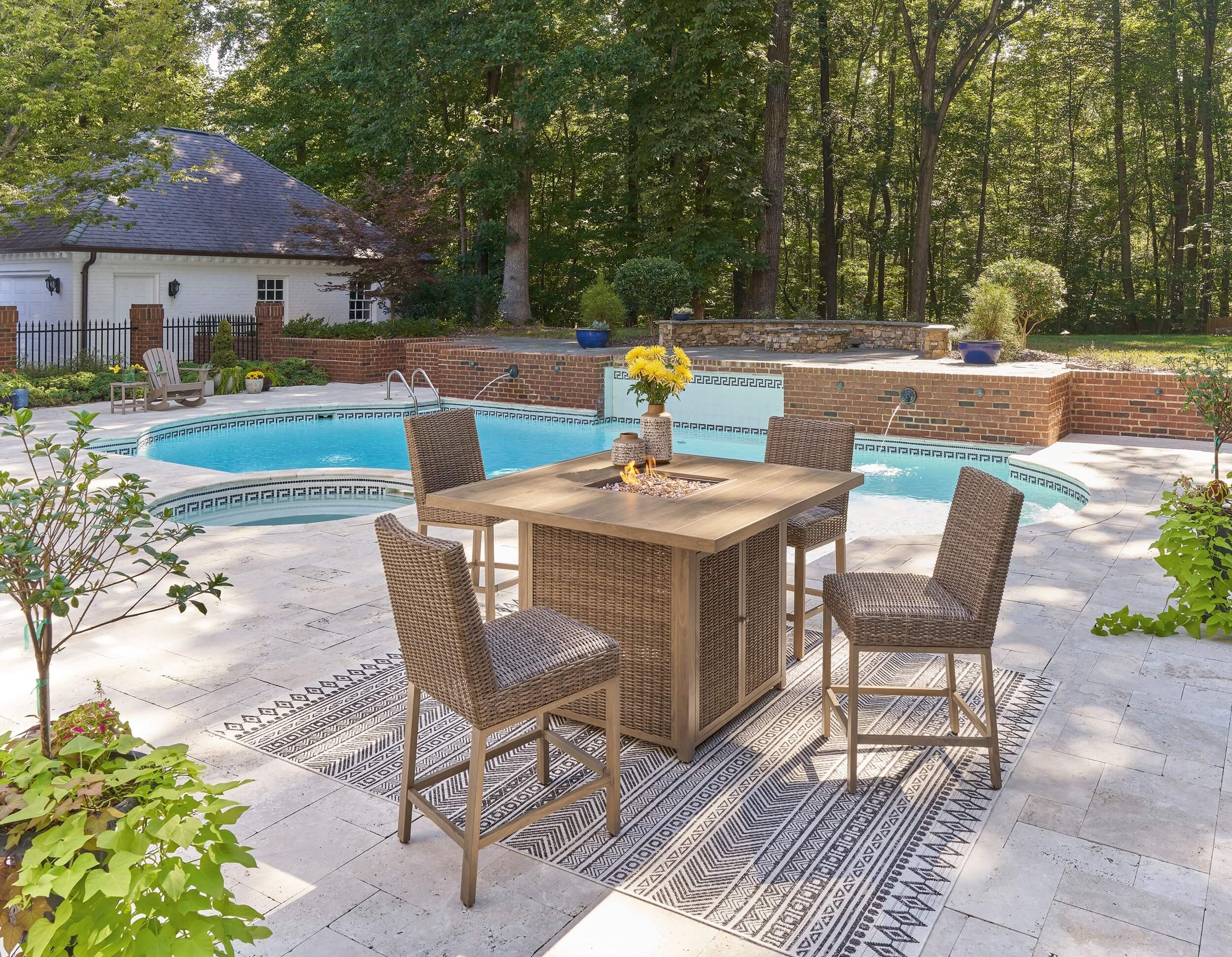 Walton Bridge Outdoor Resin Wicker Square Patio Bar Set w/Fire Pit