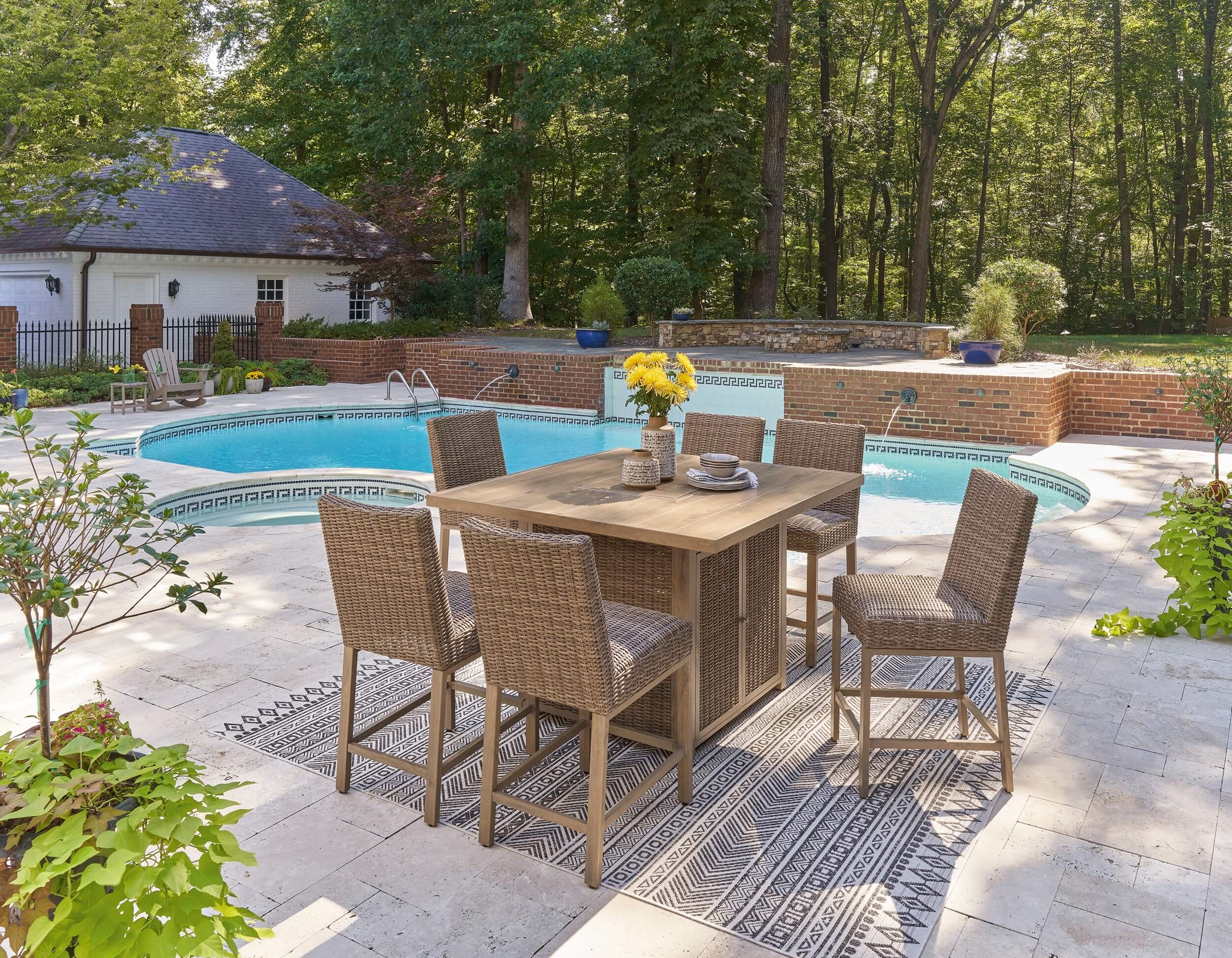 Walton Bridge Outdoor Resin Wicker Square Patio Bar Set w/Fire Pit