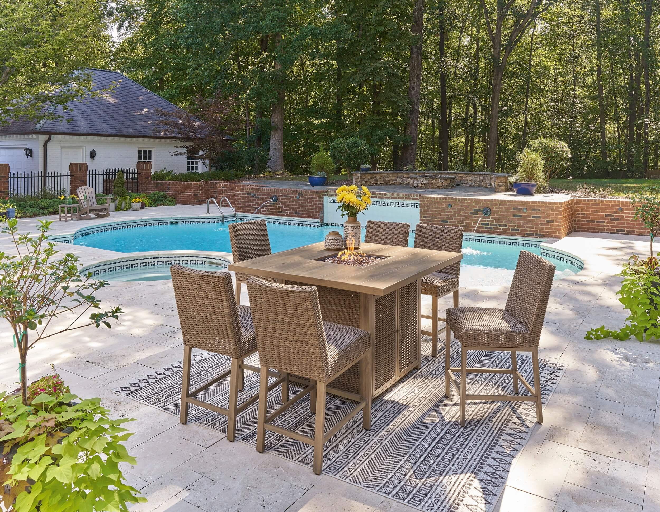 Walton Bridge Outdoor Resin Wicker Square Patio Bar Set w/Fire Pit