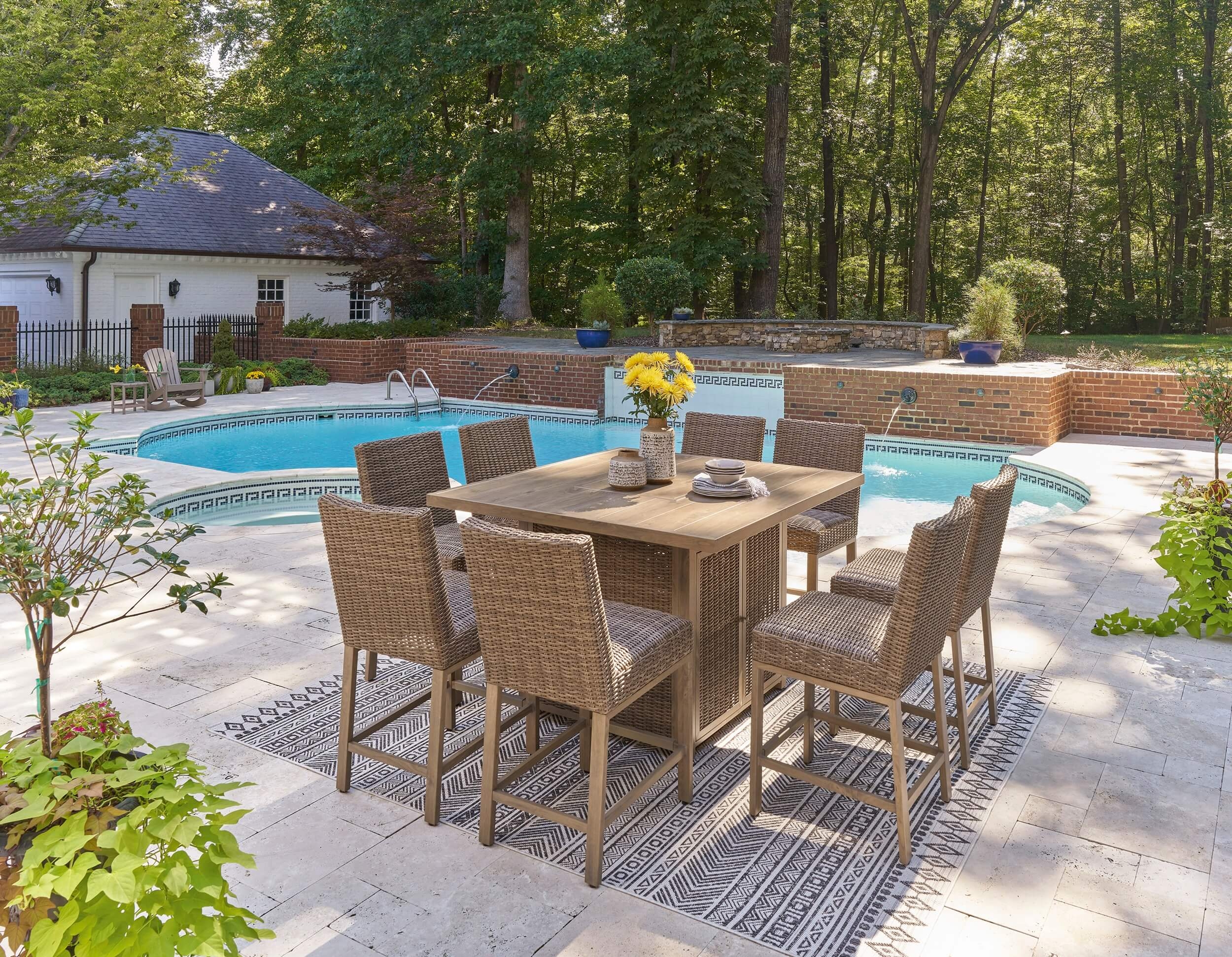 Walton Bridge Outdoor Resin Wicker Square Patio Bar Set w/Fire Pit