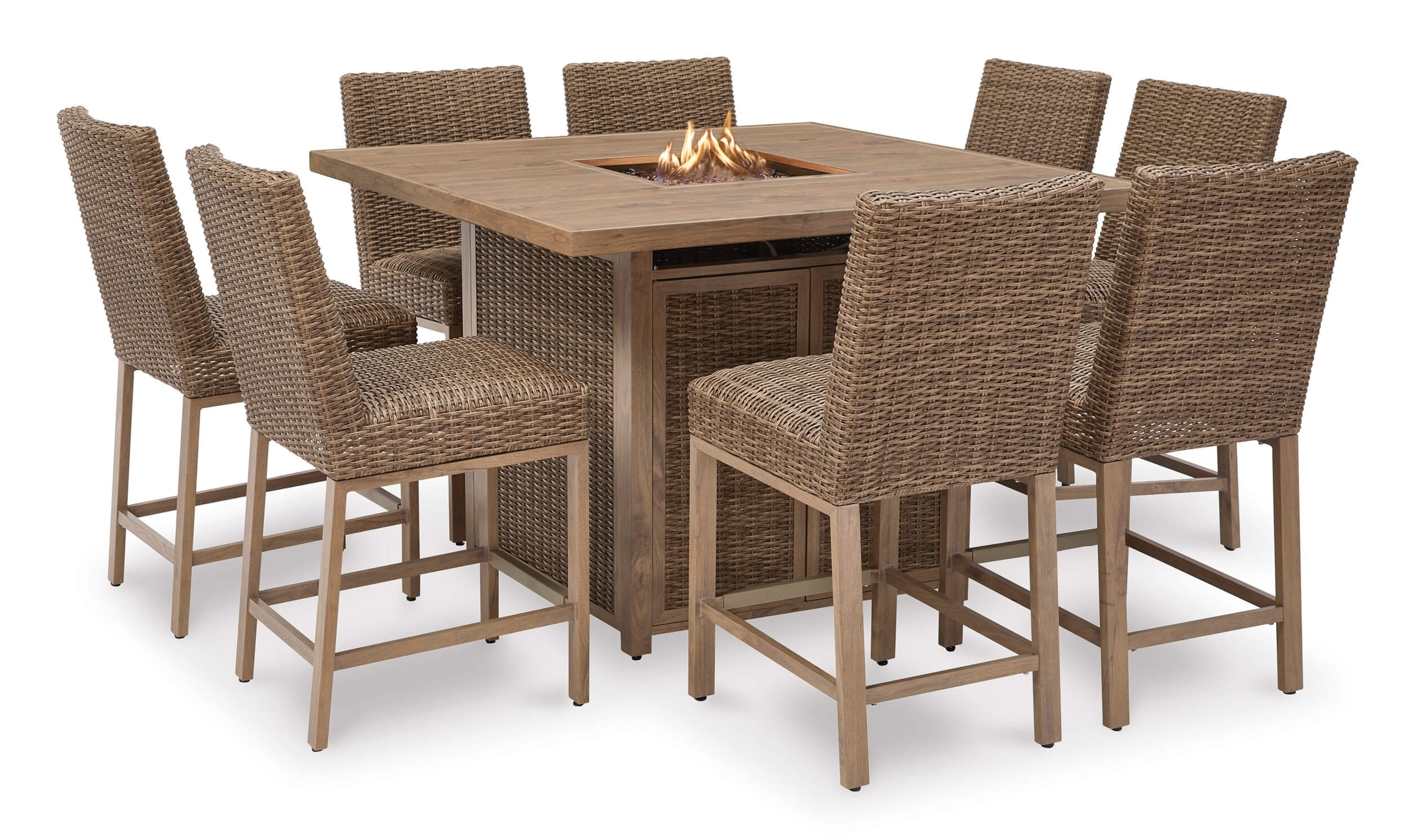 Walton Bridge Outdoor Resin Wicker Square Patio Bar Set w/Fire Pit