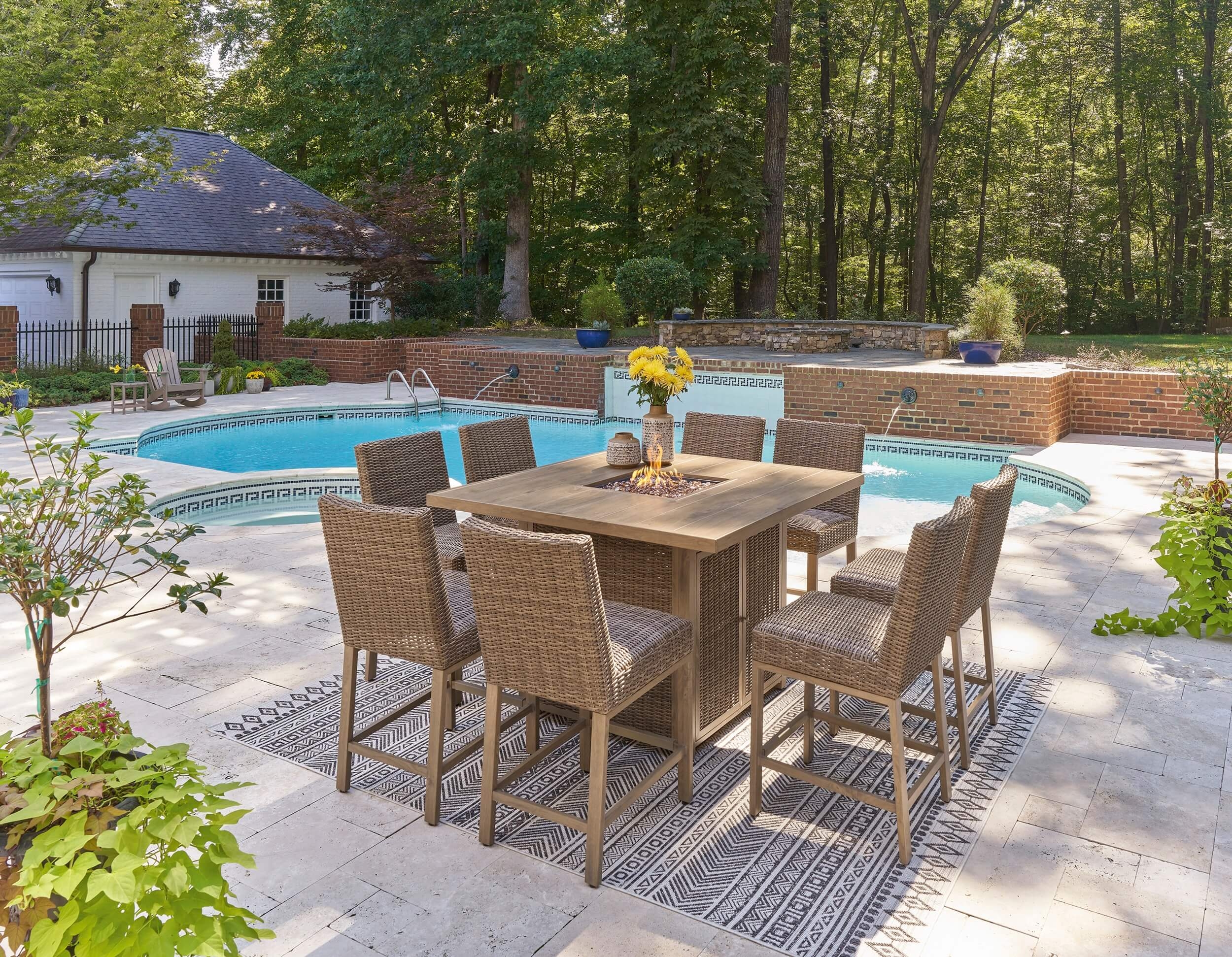 Walton Bridge Outdoor Resin Wicker Square Patio Bar Set w/Fire Pit