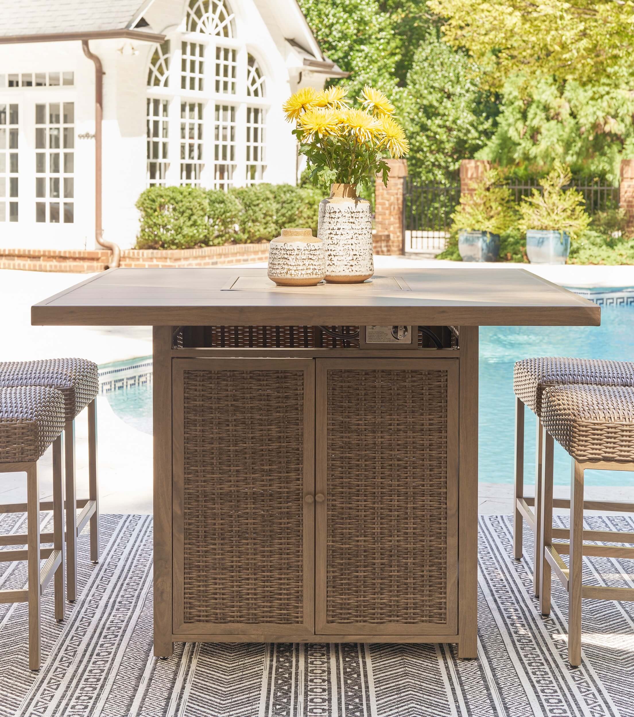 Walton Bridge Outdoor Resin Wicker Square Patio Bar Set w/Fire Pit