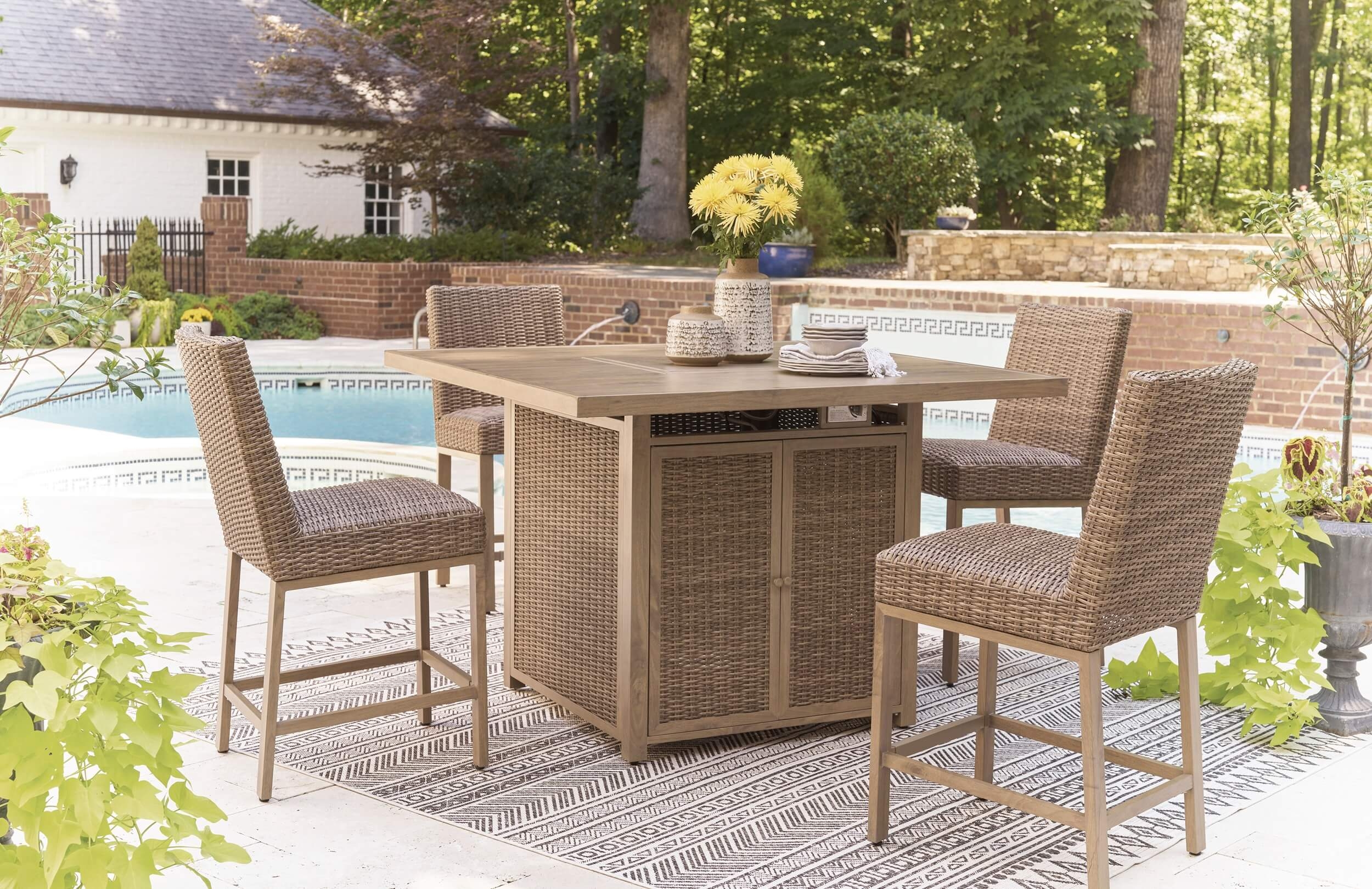 Walton Bridge Outdoor Resin Wicker Square Patio Bar Set w/Fire Pit