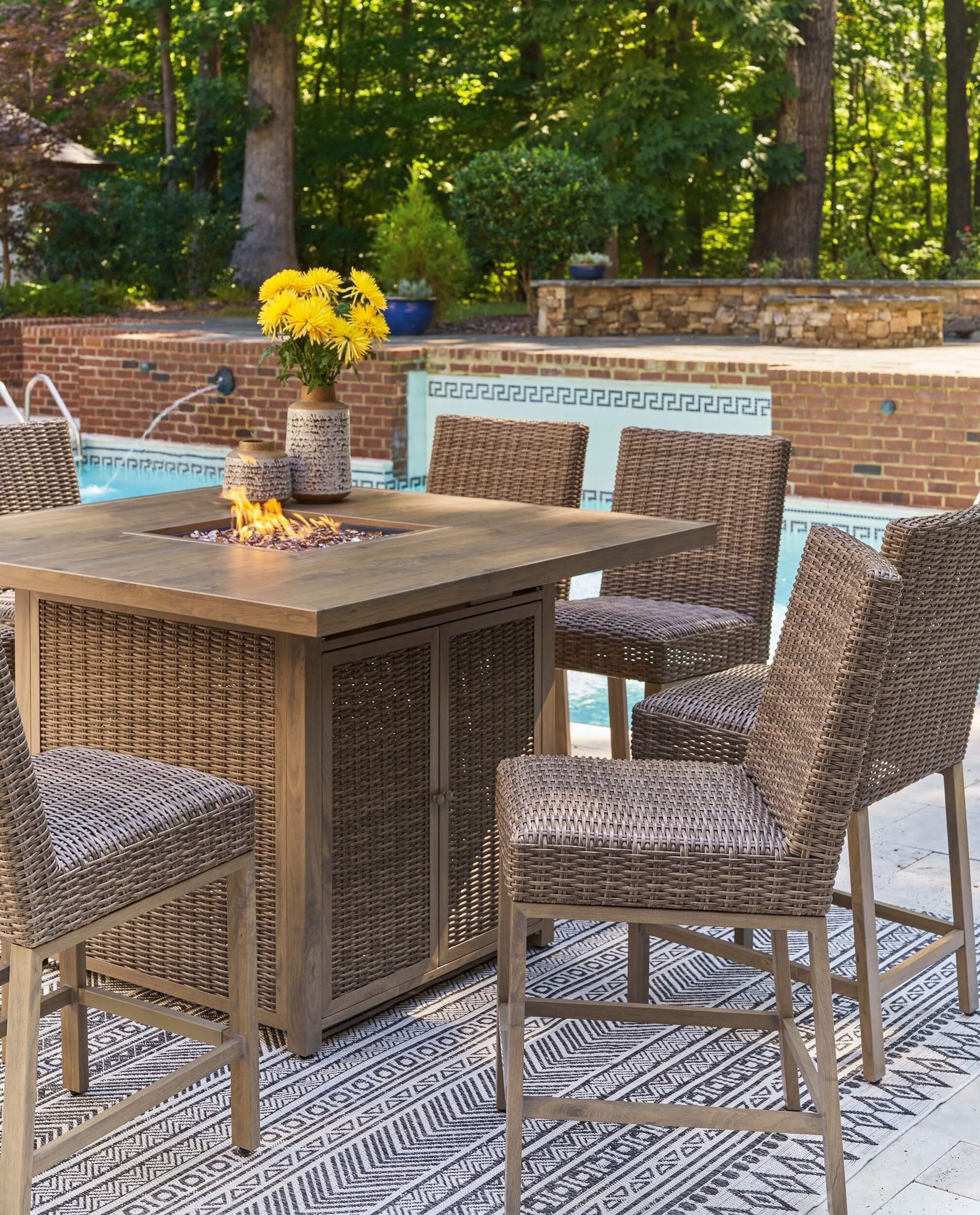 Walton Bridge Outdoor Resin Wicker Square Patio Bar Set w/Fire Pit