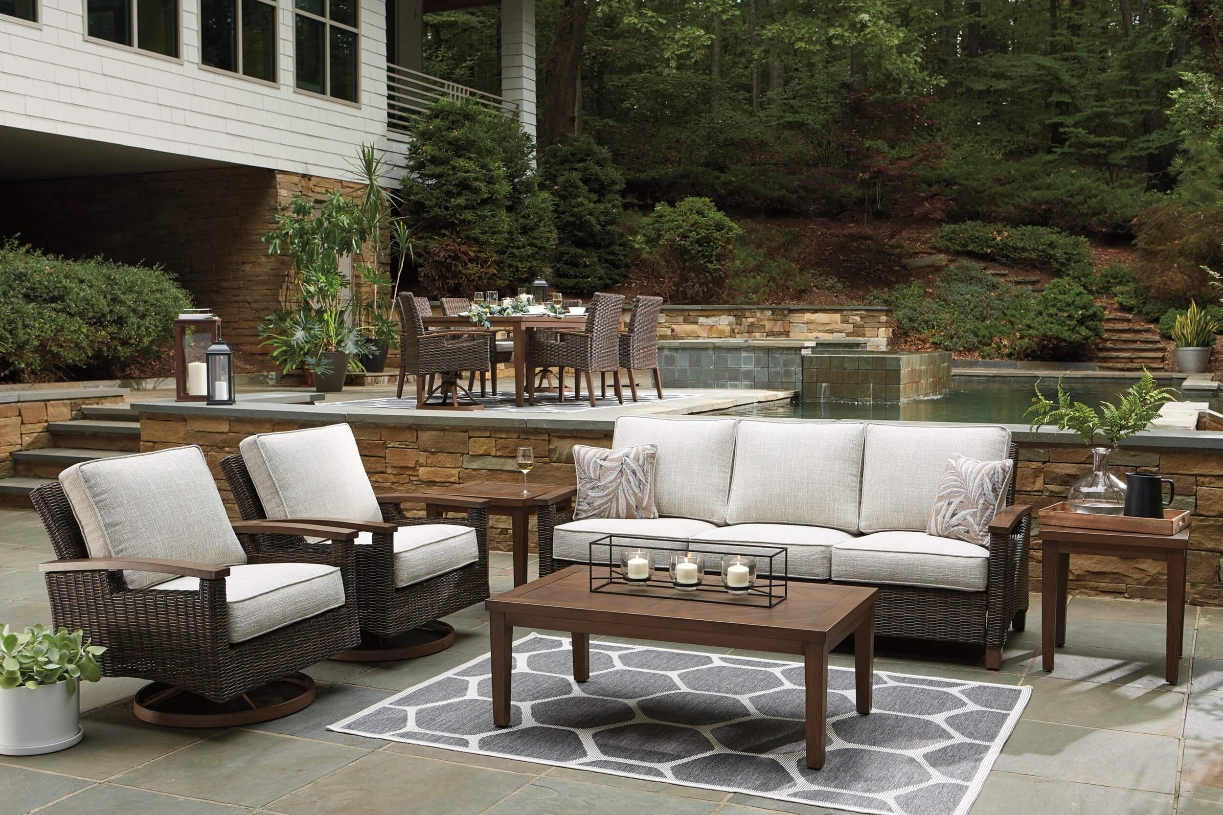 Paradise Trail Outdoor Nuvella Fabric/Resin Wicker Set w/Pillows