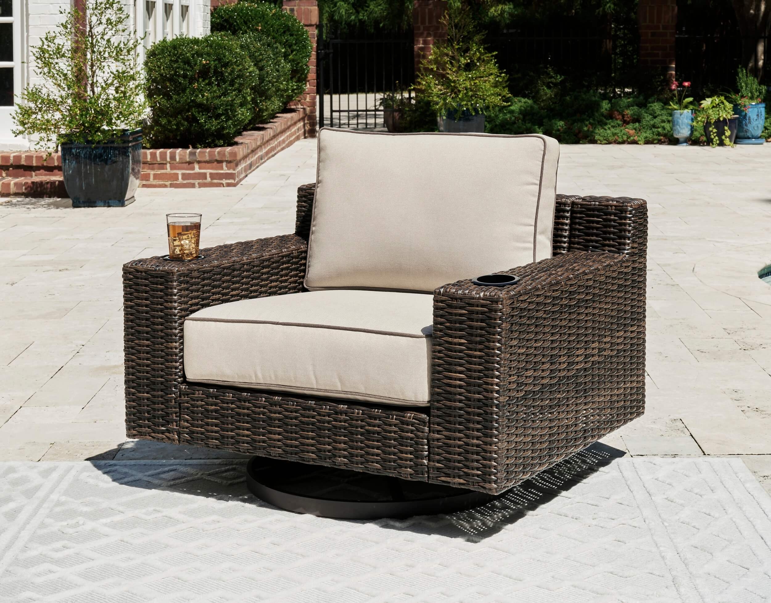 Coastline Bay Outdoor Nuvella Fabric/Resin Wicker Swivel Lounge Chair, Beige/Brown
